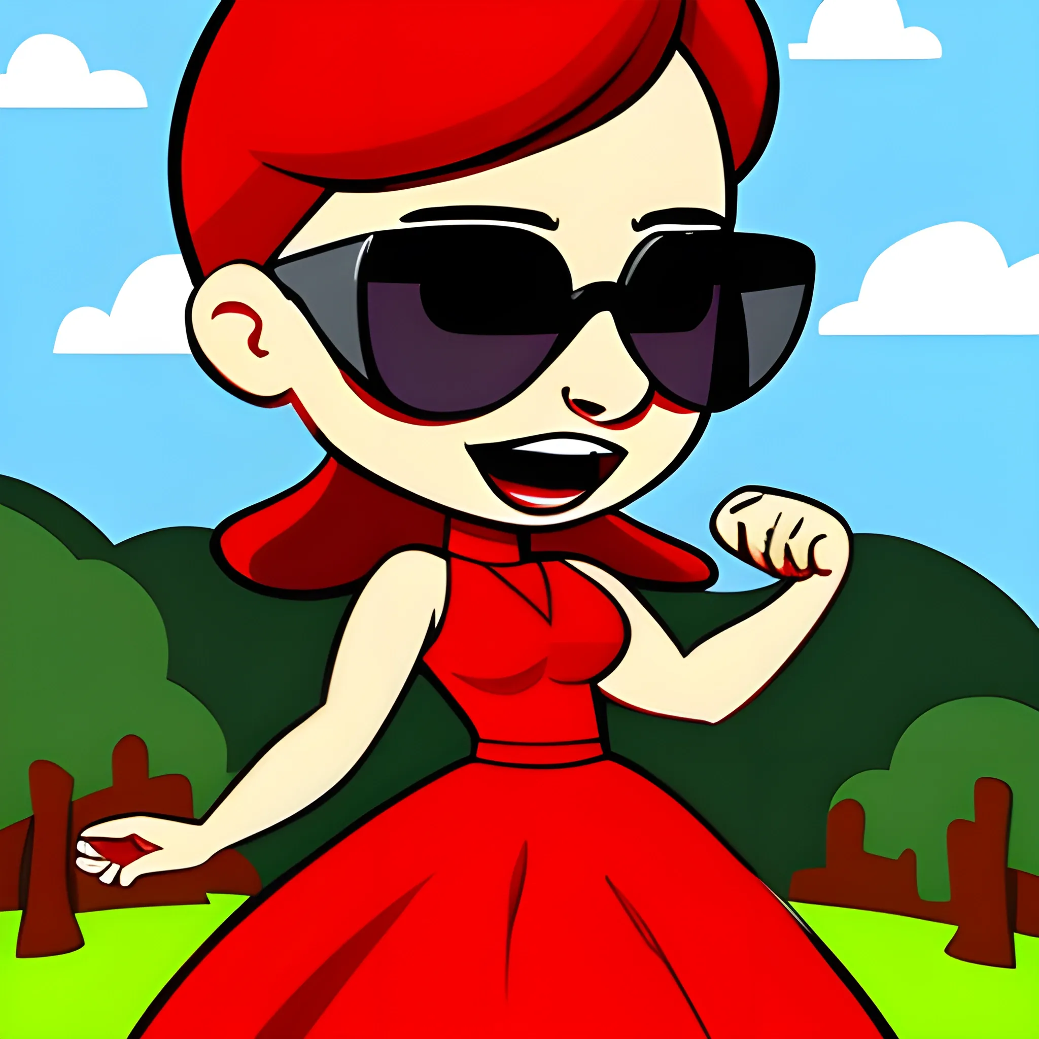 , Cartoon bald guy with sunglasses in a womens red dress