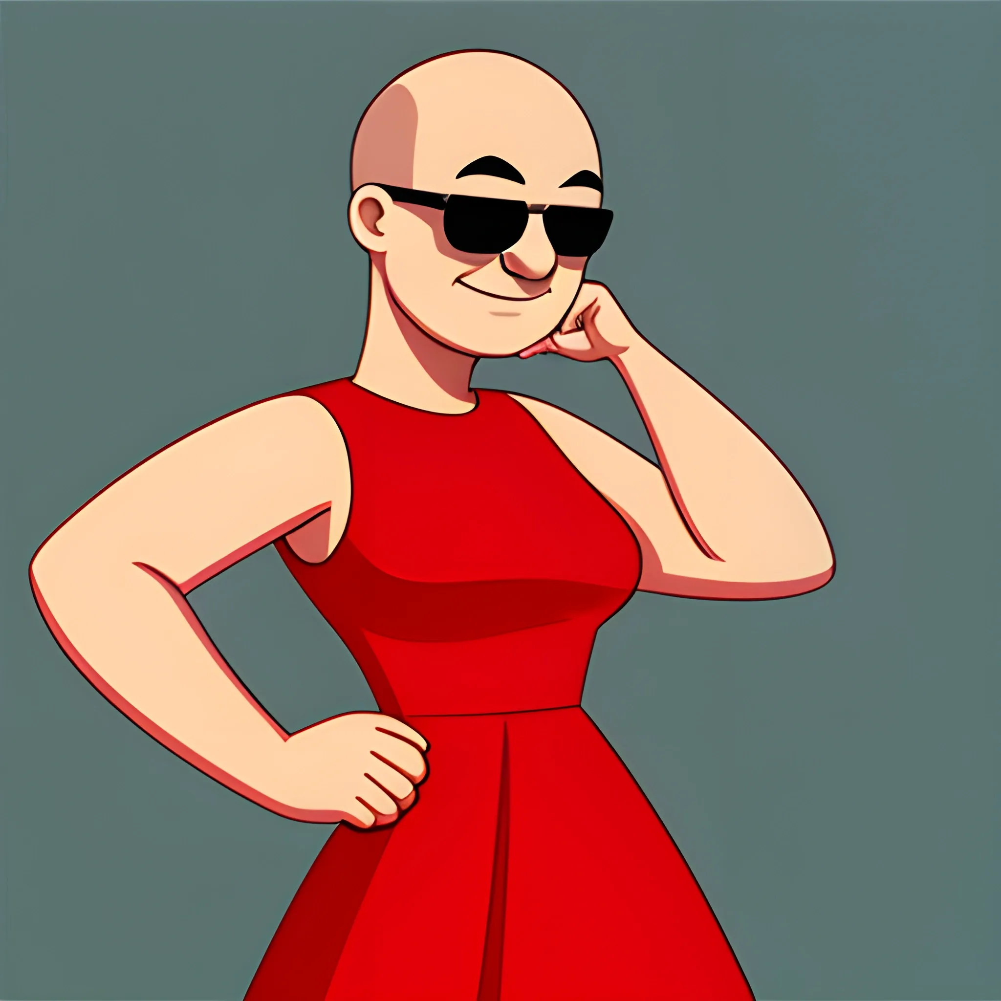 , Cartoon bald guy with sunglasses in a womens red dress