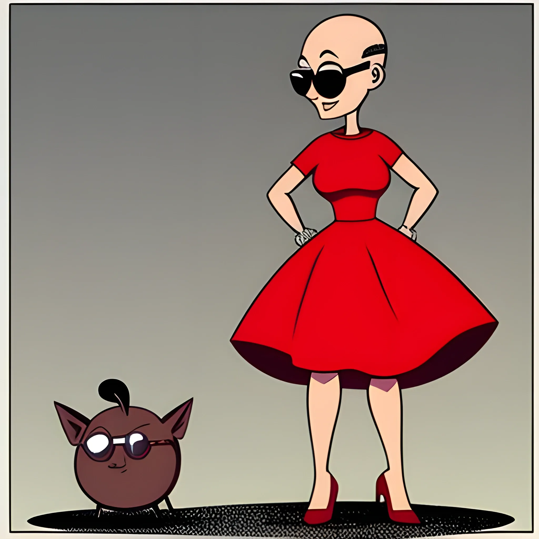 , Cartoon bald guy with sunglasses in a womens red dress mad