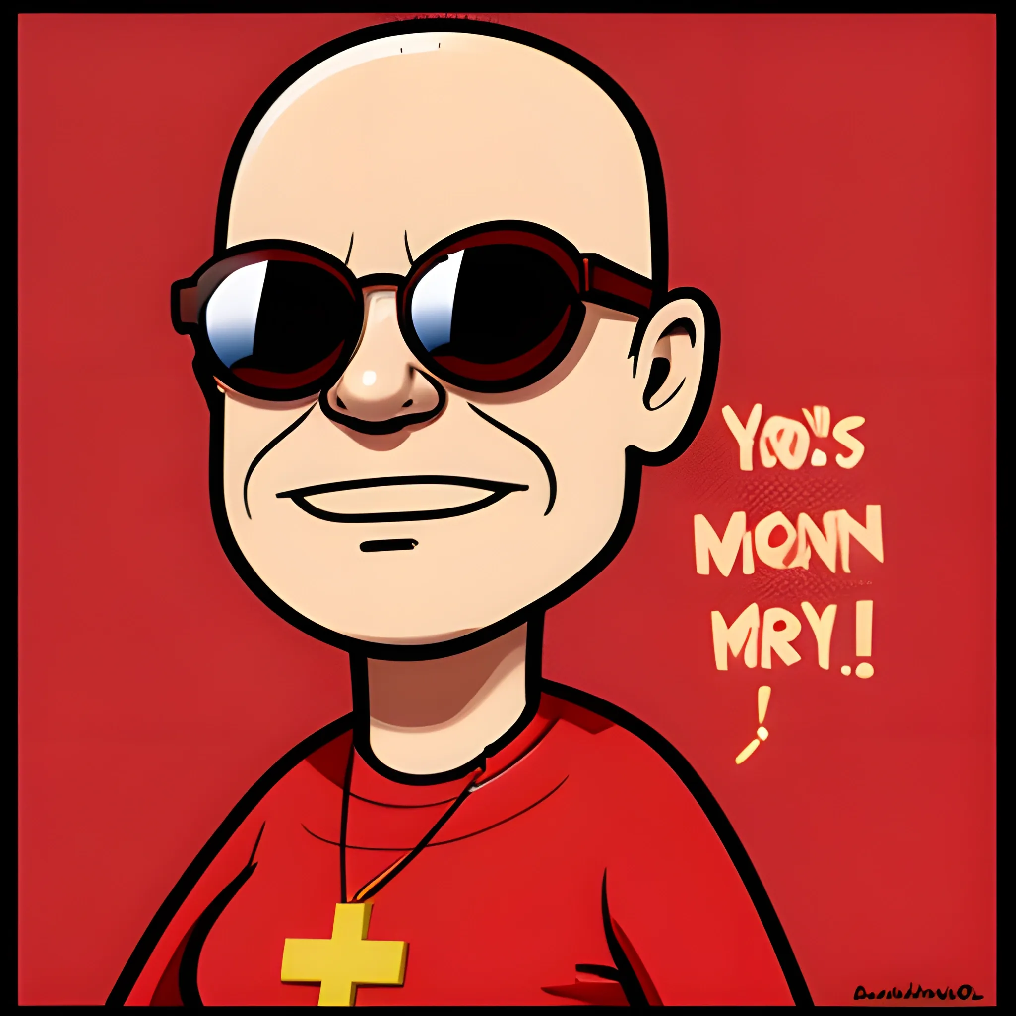 , Cartoon bald guy with sunglasses in a womens red dress saying : i chrischan 2.0