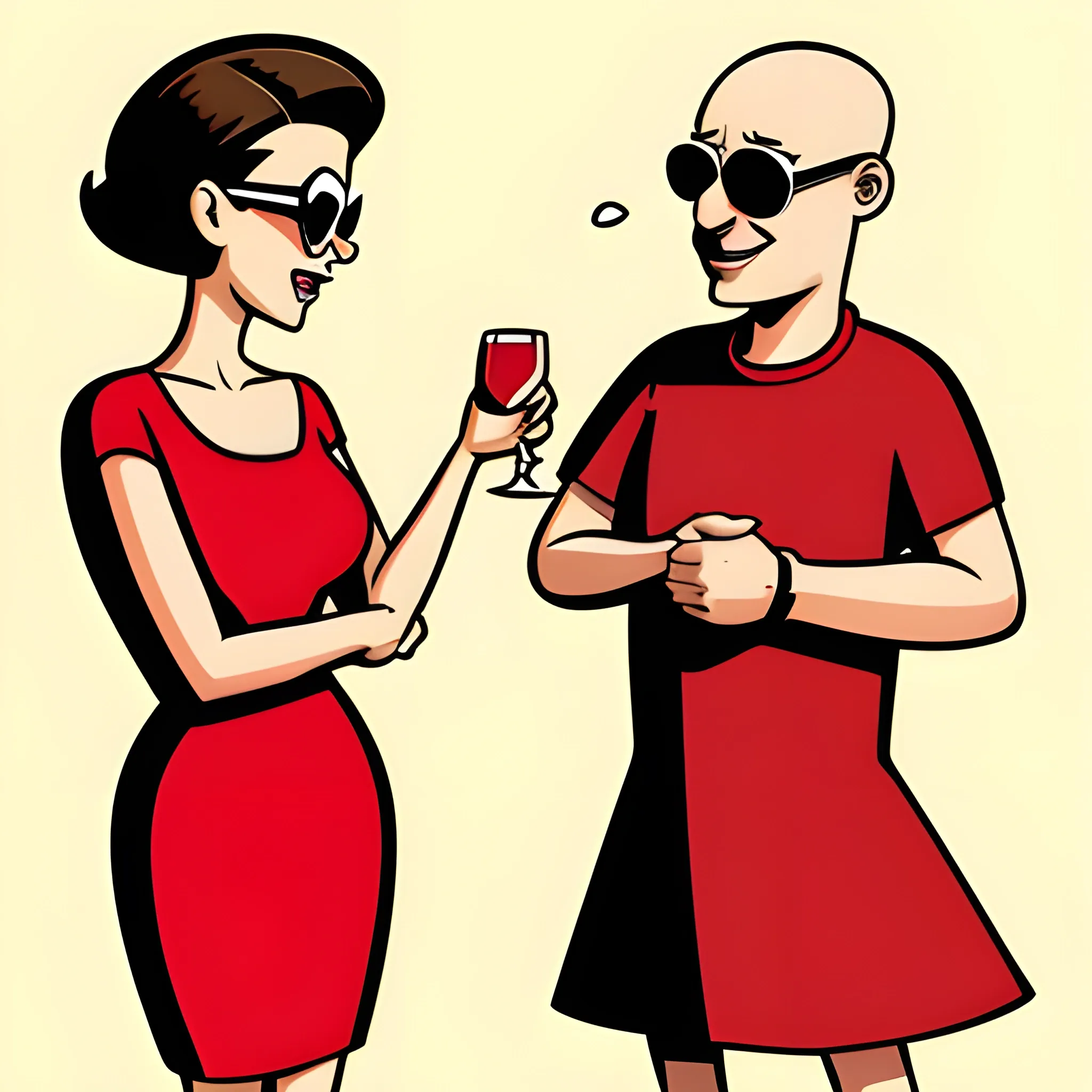 , Cartoon bald guy with sunglasses in a womens red dress with the words conversation nation
