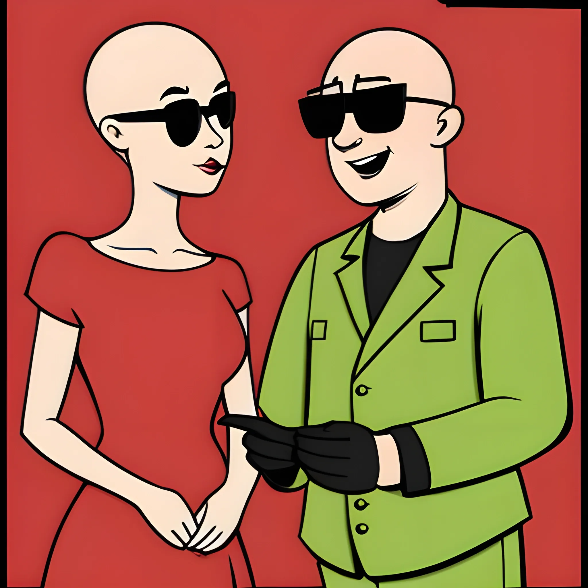 , Cartoon bald guy with sunglasses in a womens red dress with the words conversation nation