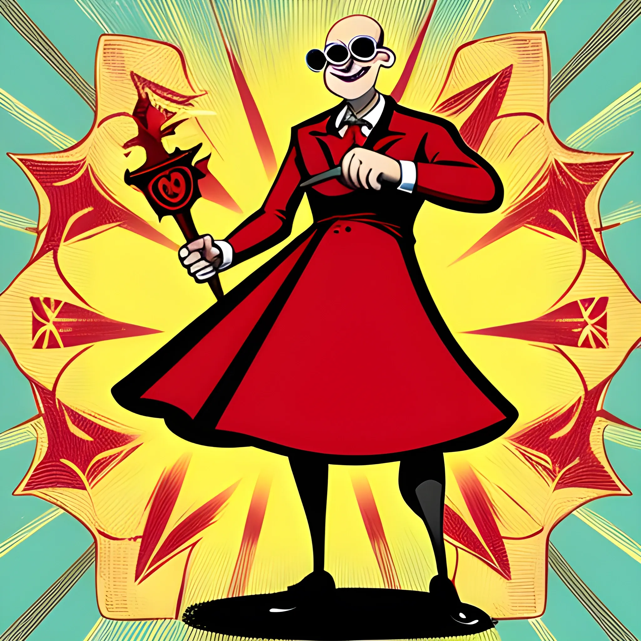 , Cartoon bald guy with sunglasses in a womens red dress freemason