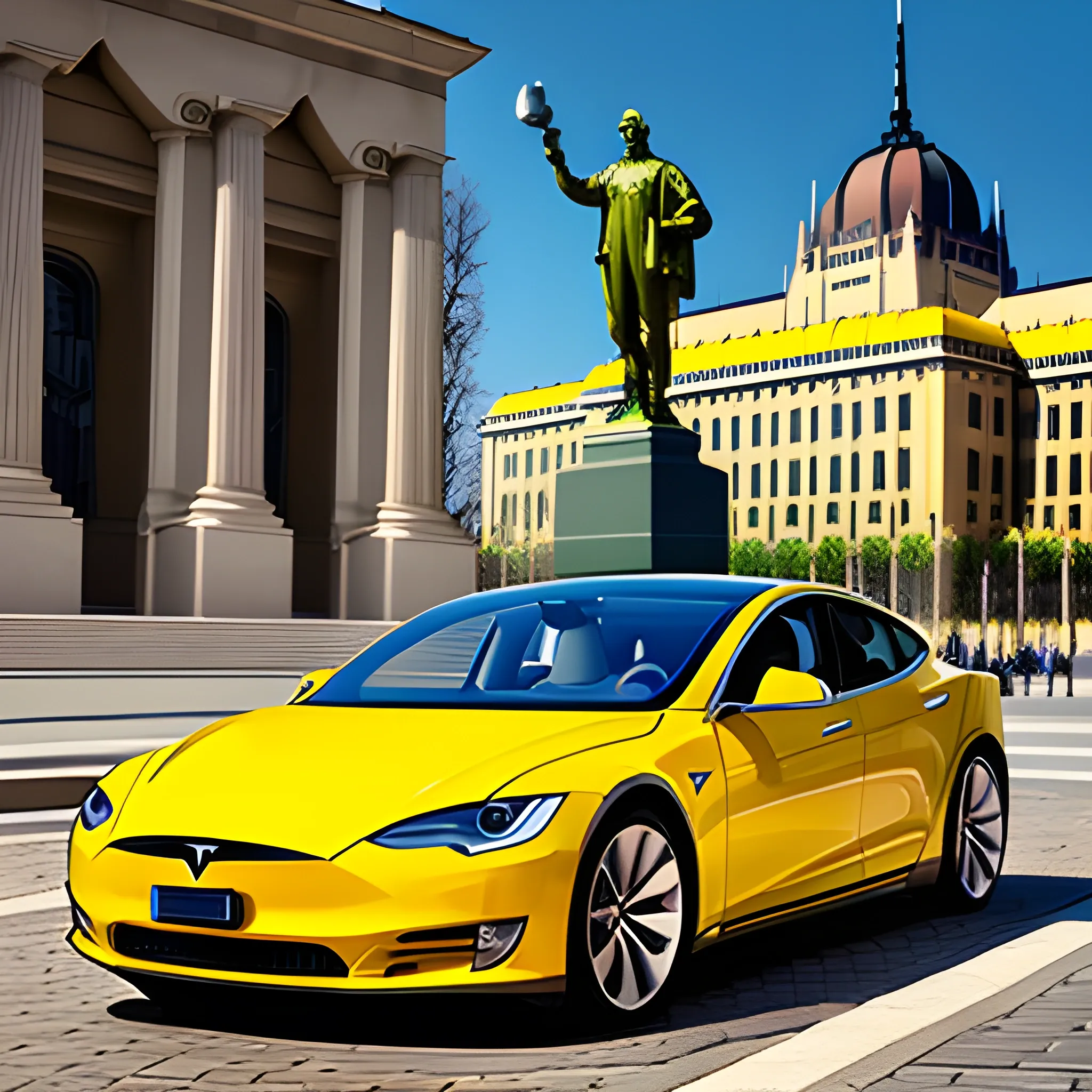 yellow tesla s with green plate wrote on plate TXAA-434 from front view in heroes square budapest
, 3D