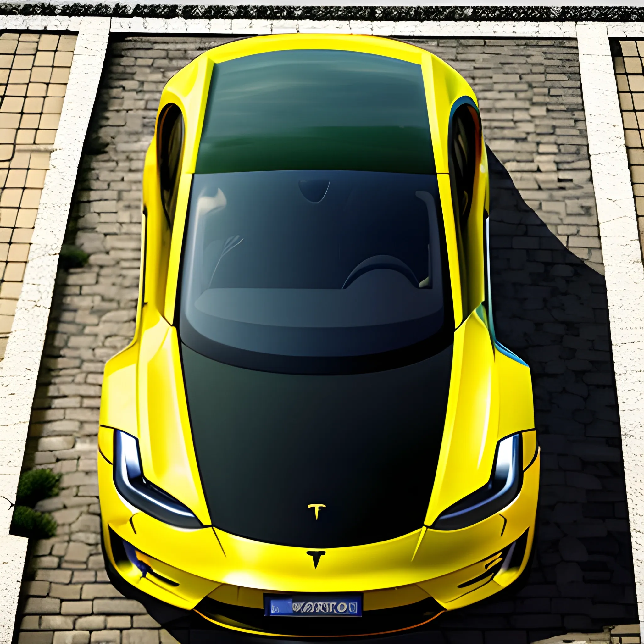 yellow tesla s with green plate wrote TXAA-434 from front view in heroes square budapest
, 3D