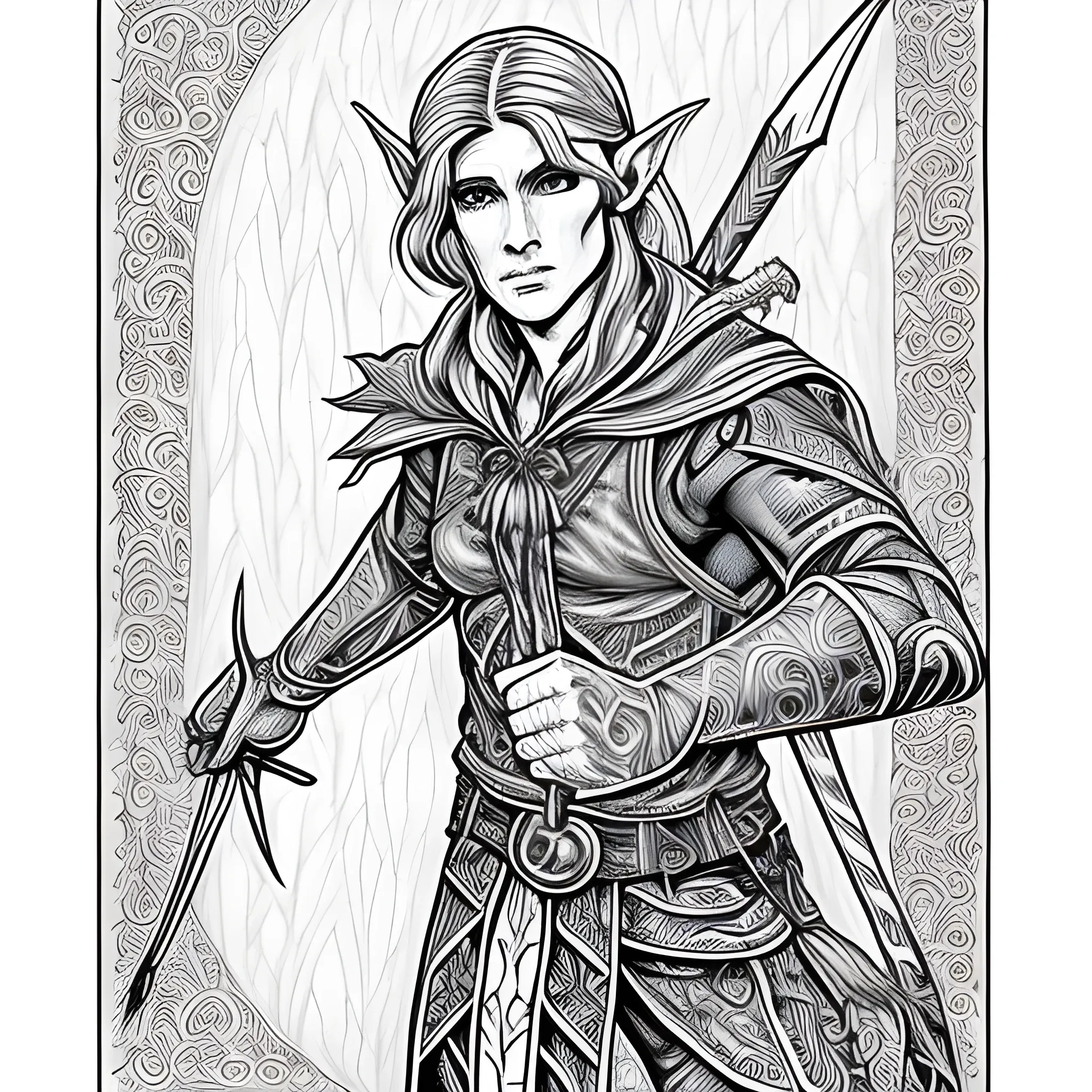 Fantasy, Sharpie Art, Archer Elf, Mage, Black and White,, Pencil Sketch, lineart