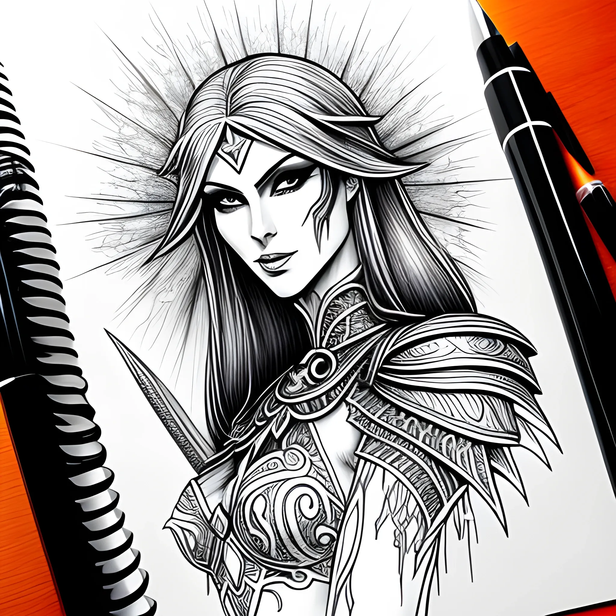 Fantasy, Sharpie Art, young woman, dagger, Mage, Black and White,, Pencil Sketch, lineart