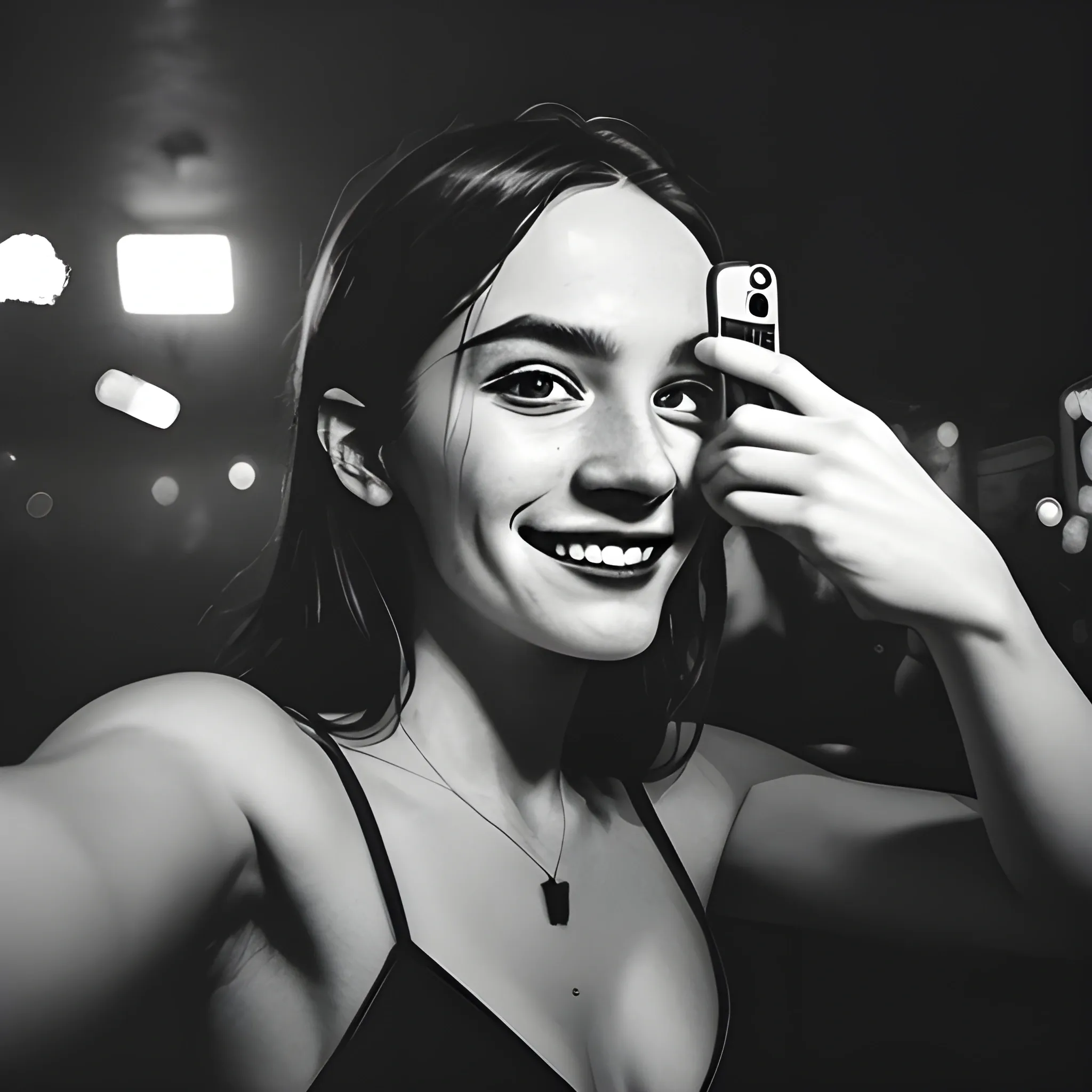 amator , beautiful face , , (playful pose), smiling , analog style , instagram photo , (( in a night club)) , RAW , real life photo , dramatic, atmospheric, ( at night :1. 1), (selfie), UHQ, normal aesthetic