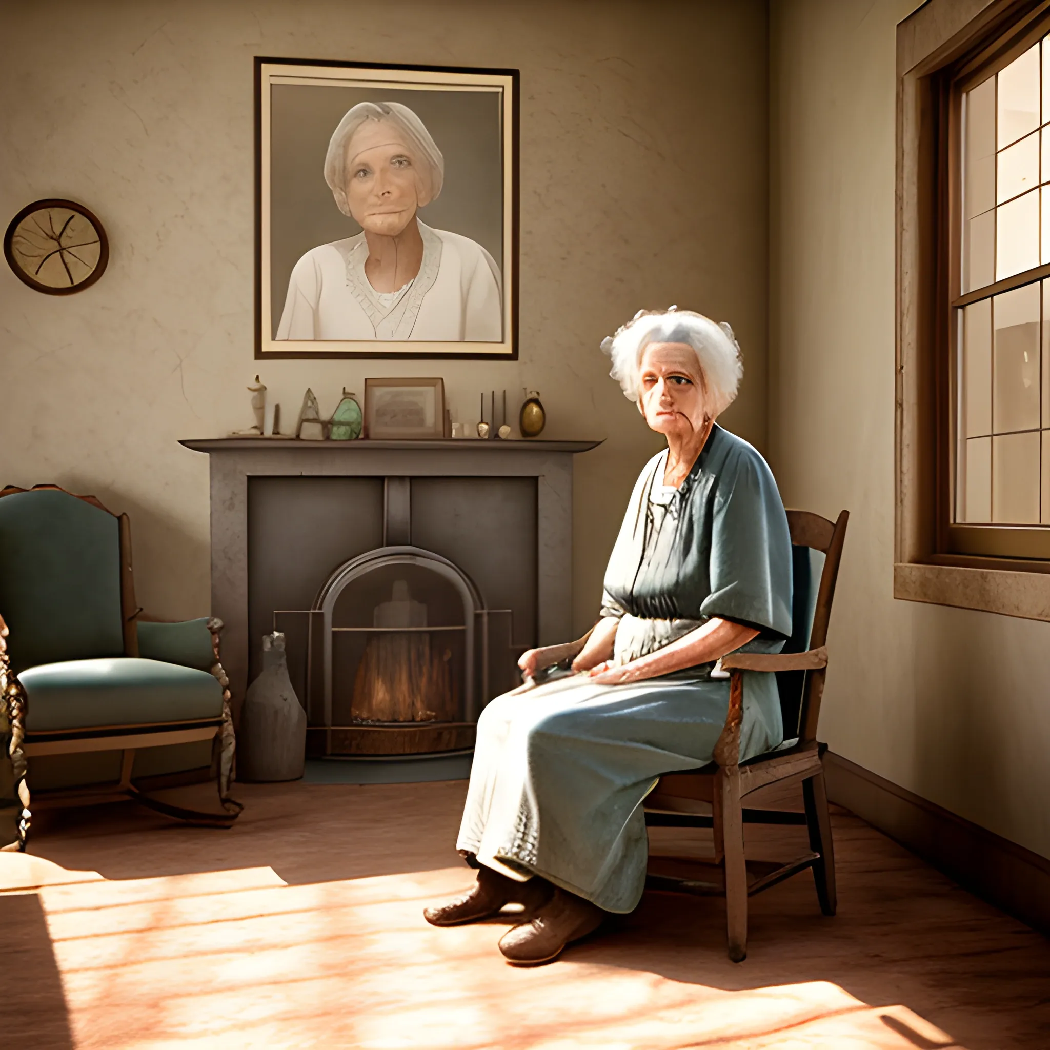 photorealistic older woman sitting in the living room of an arizona 1920 farmhouse