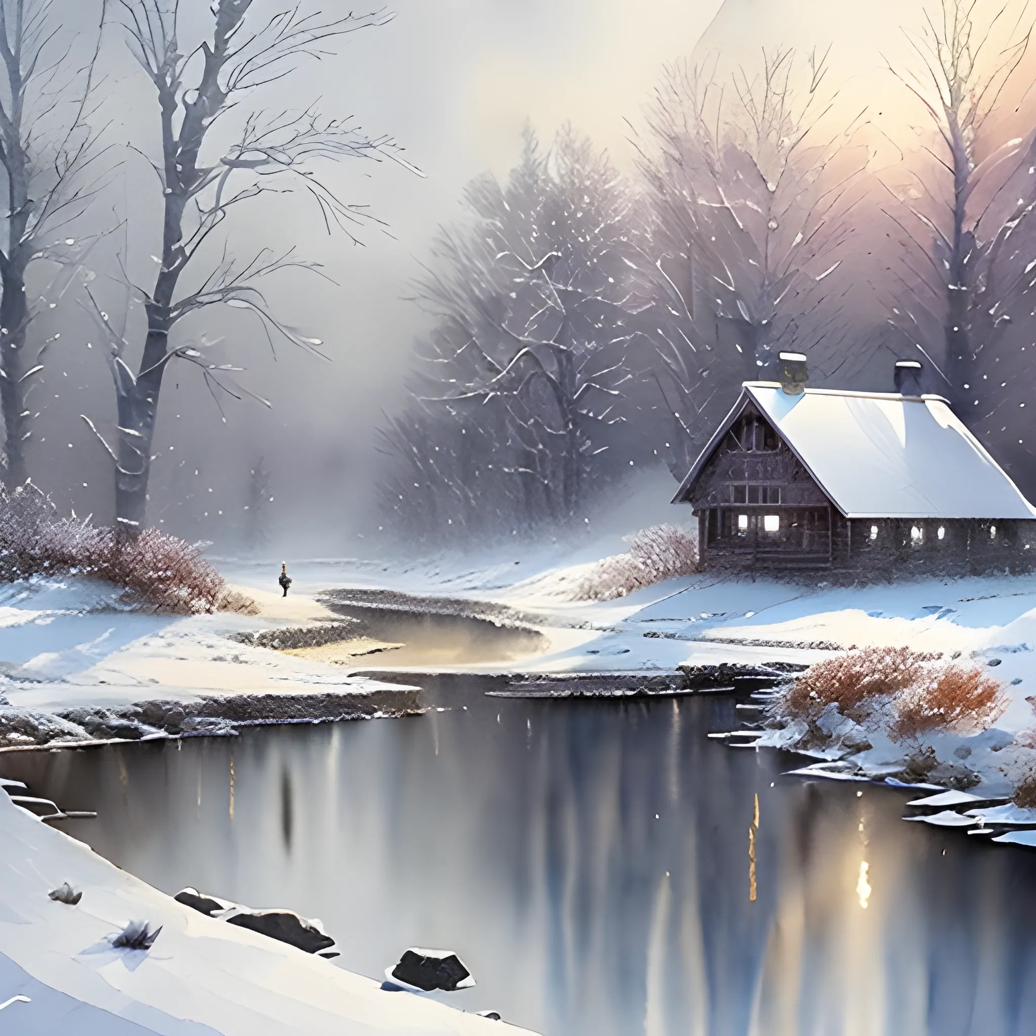 winter landscape,watercolor, art-station, studio photo, detailed, intricate details, author: Greg Rutkowski, Water Color