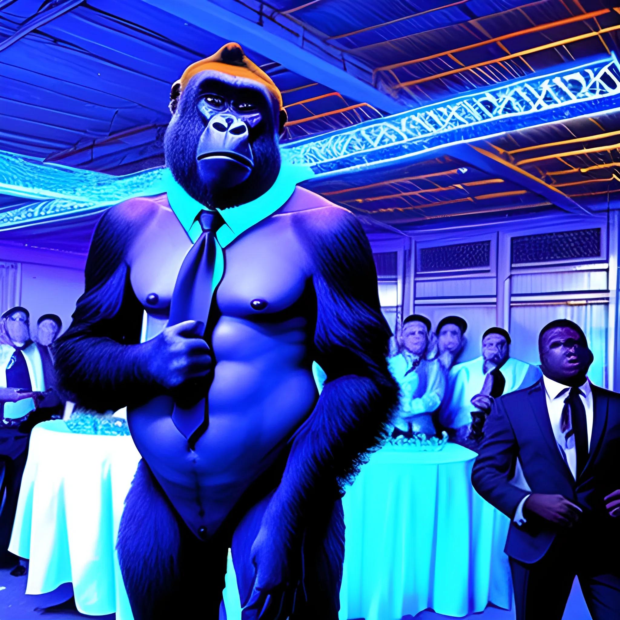 gorilla with tie, a packed show, blue lights, Brazilian Party ,