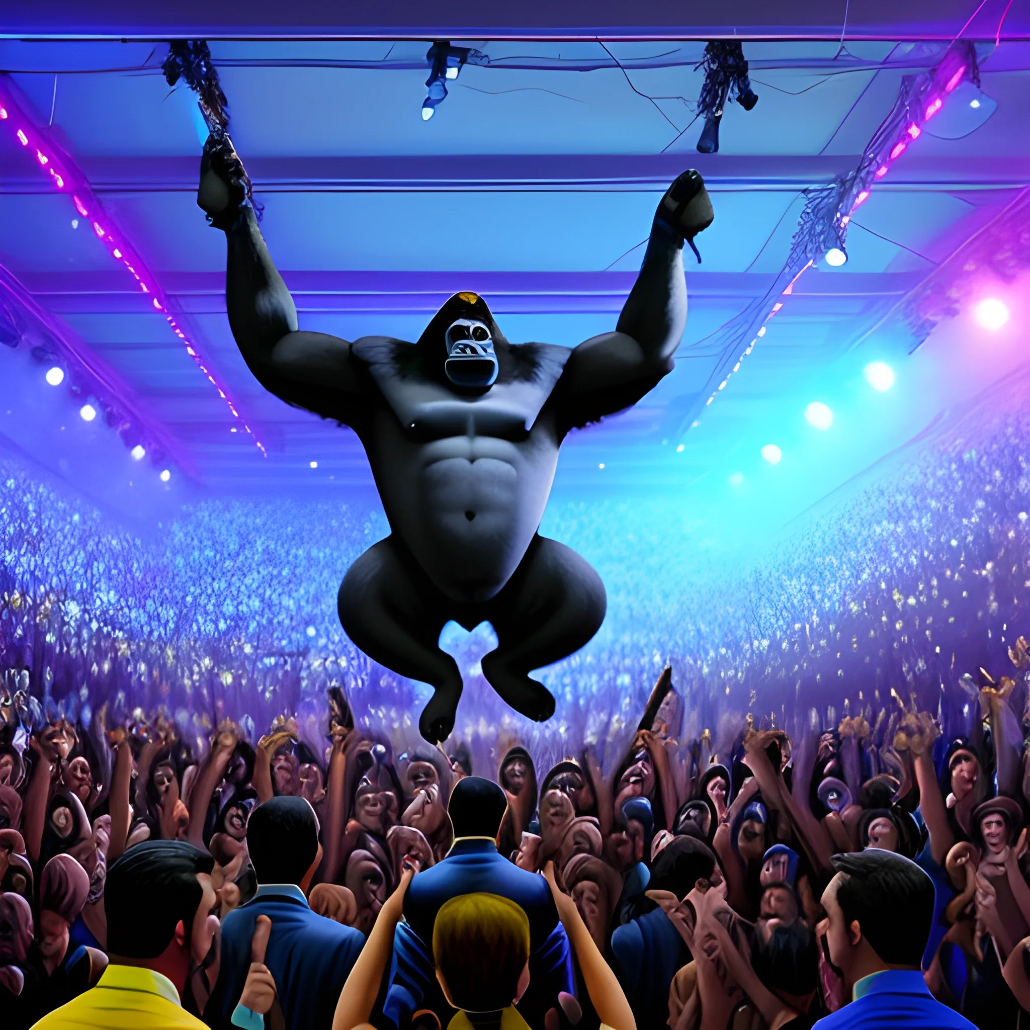 gorilla with tie, a packed show, blue lights, Brazilian Party ,, Cartoon