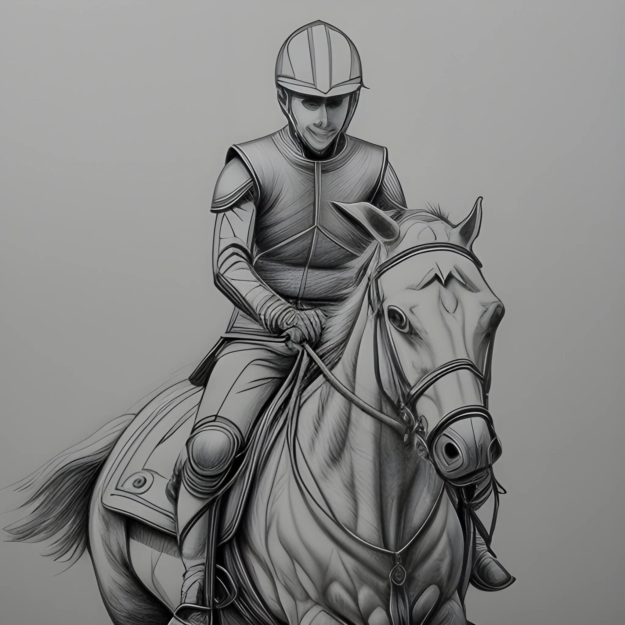 two dimentional line art drawing of man with helmet riding a horse, Pencil Sketch