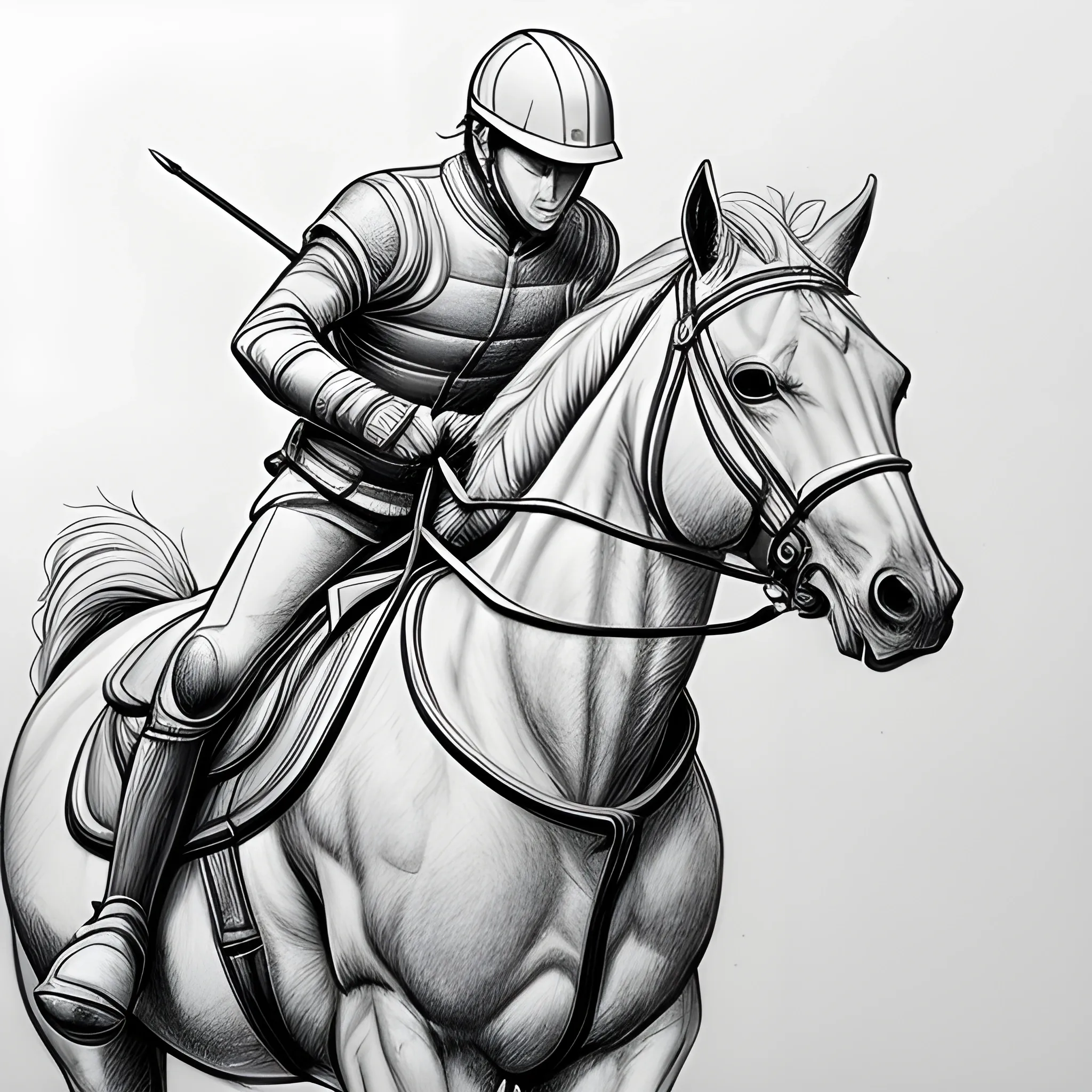 2D line art drawing of man with helmet riding a horse, Pencil Sketch