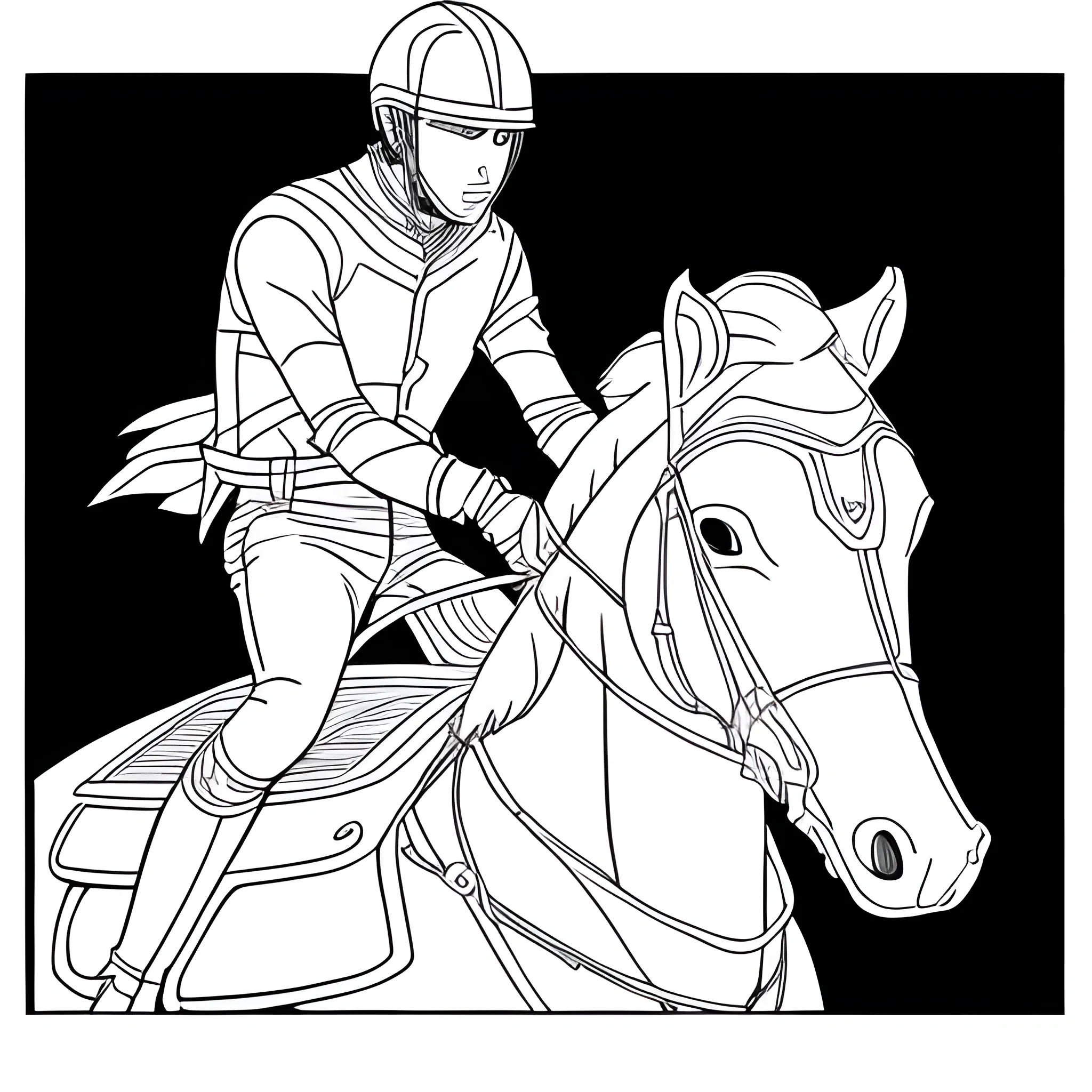 2D line art drawing of man with helmet riding a horse