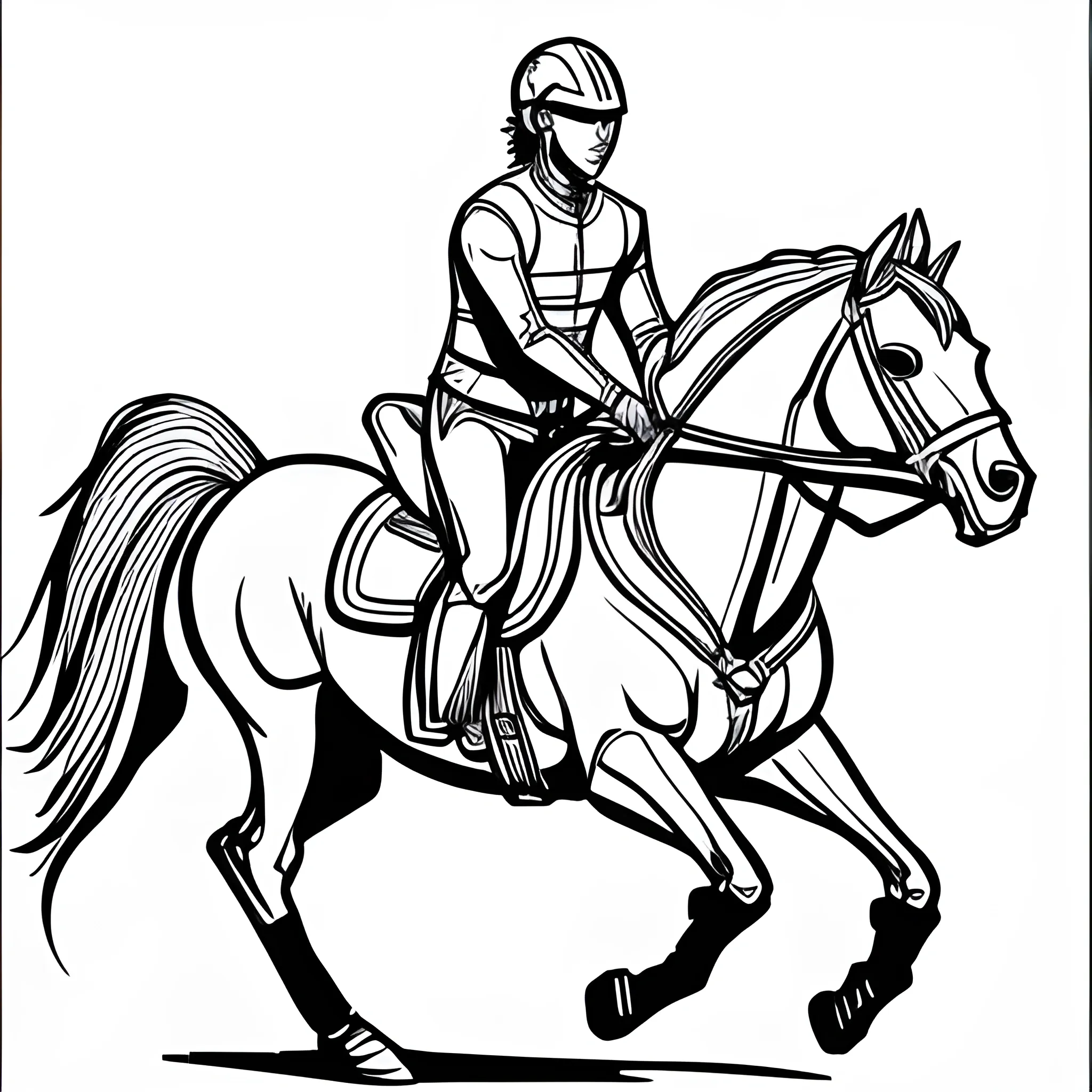 2D Outline drawing of man with helmet riding a horse