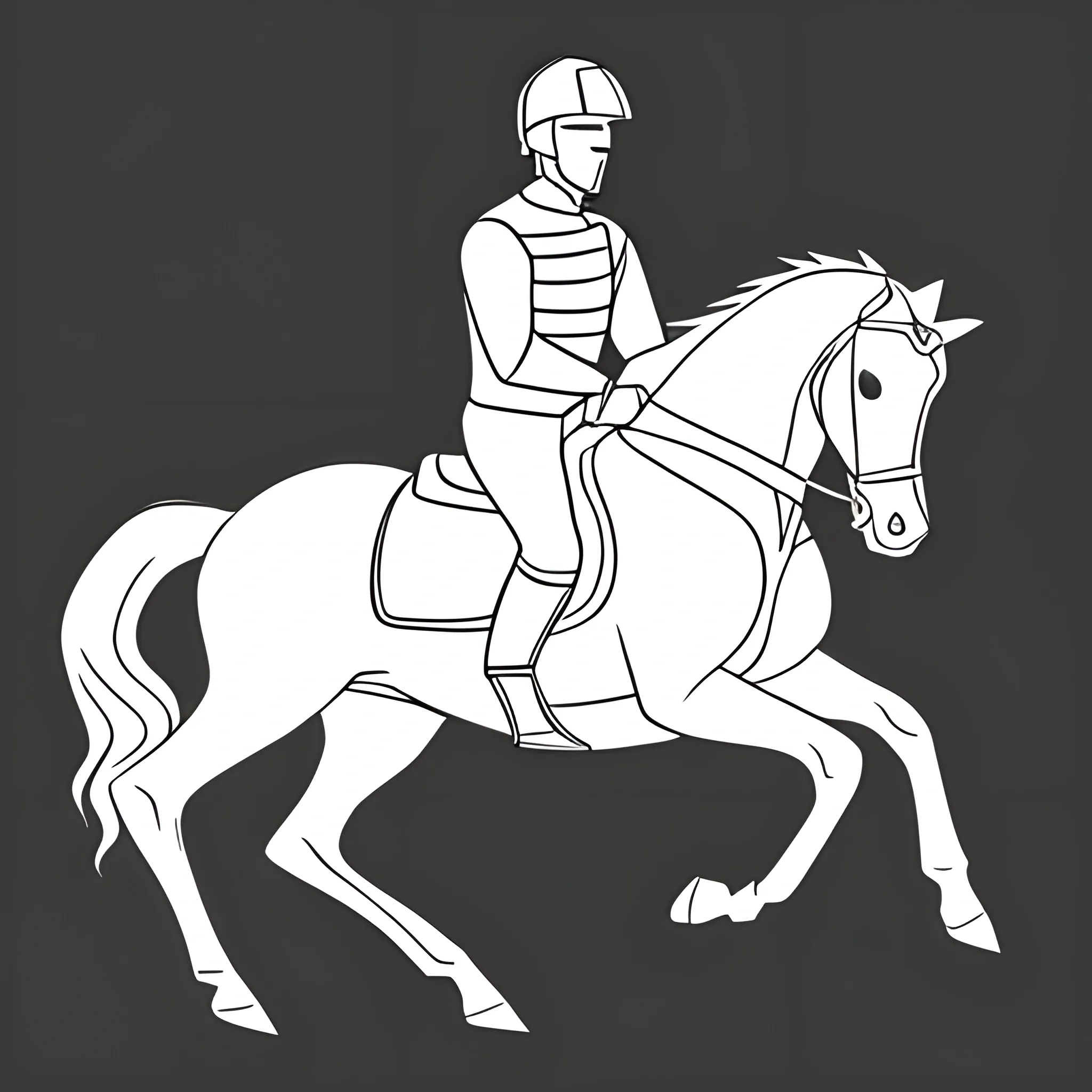 2D Outline drawing of man with helmet riding a horse to the Right