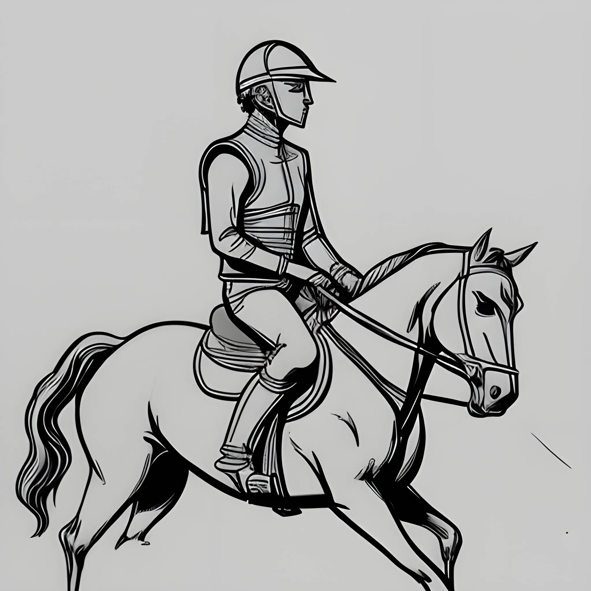 2D Outline drawing of man with helmet riding a horse to the Right