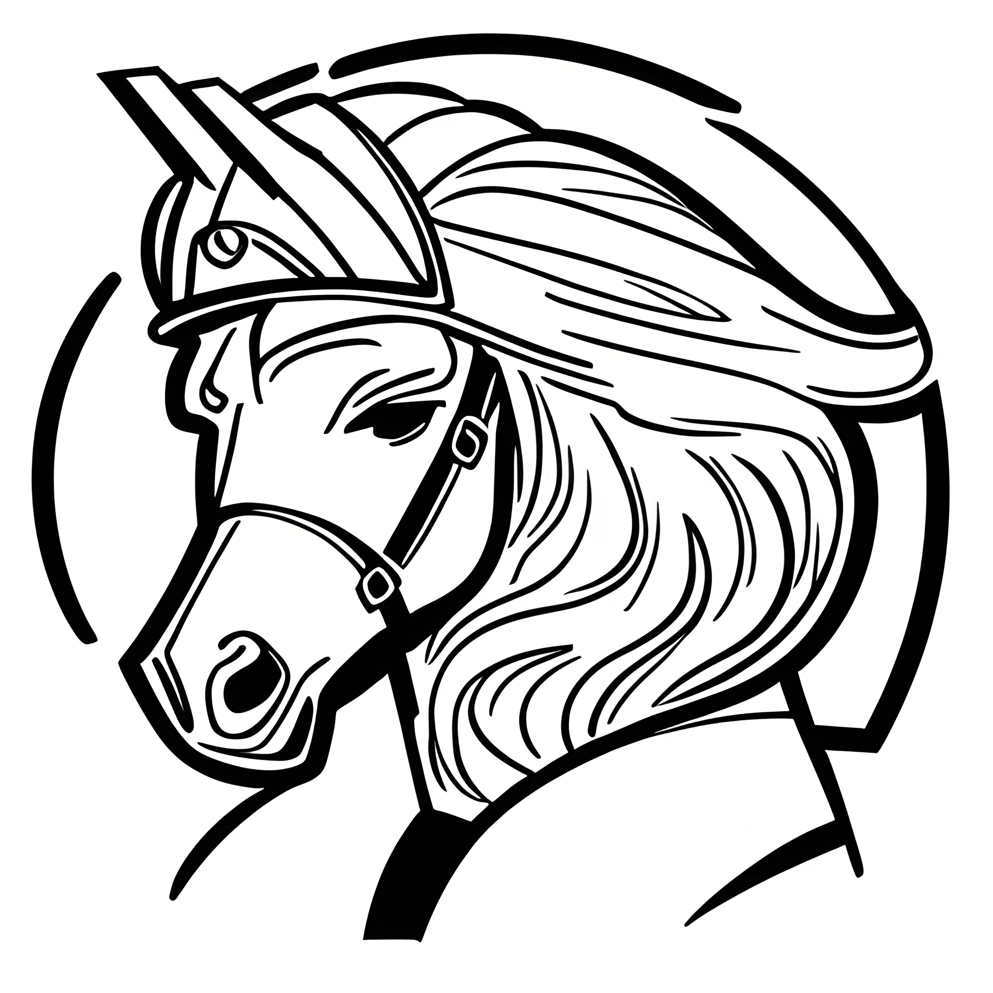 2D Outline drawing of man with helmet riding an Icelandic horse, from the side
