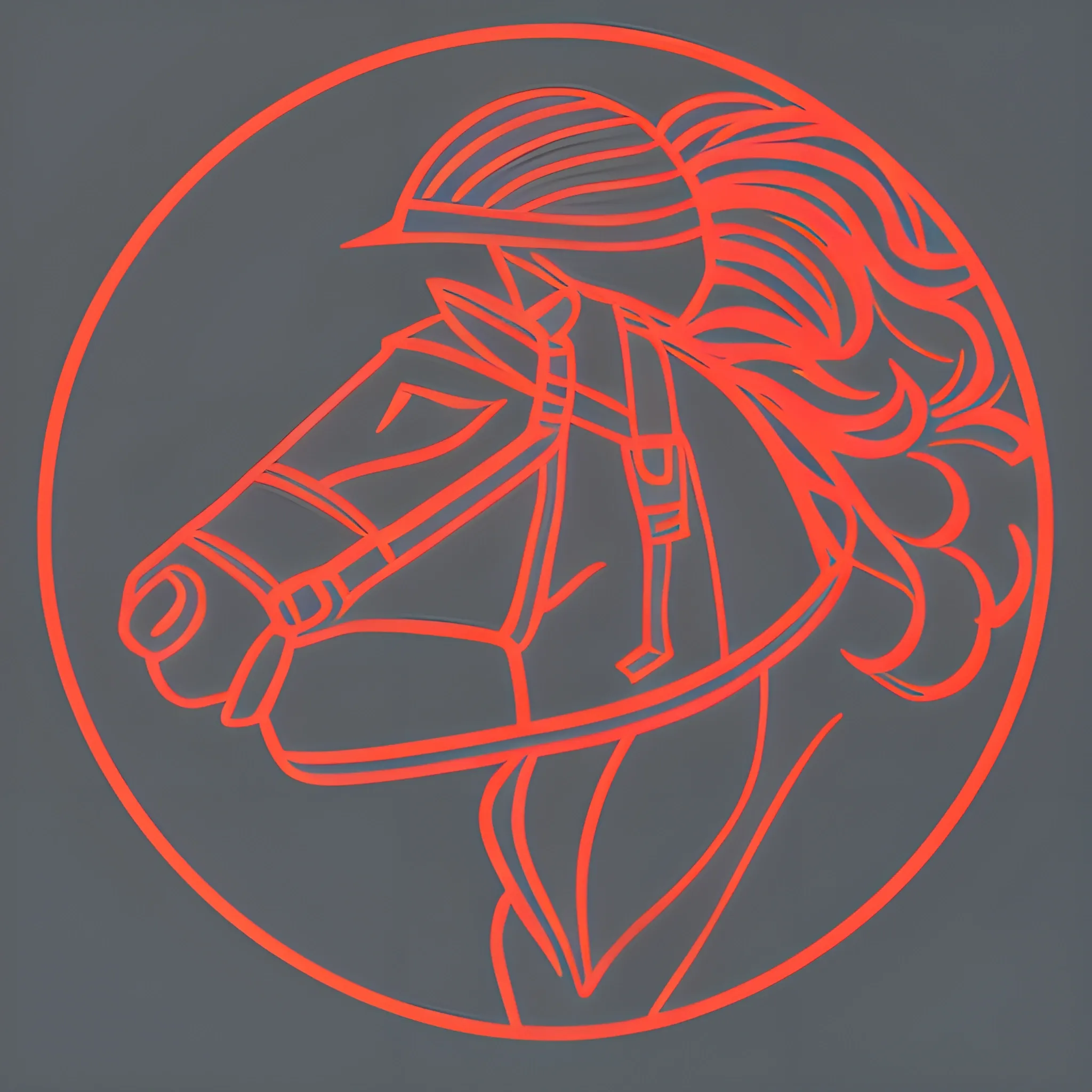 2D Outline drawing of man with helmet riding a horse from the side
