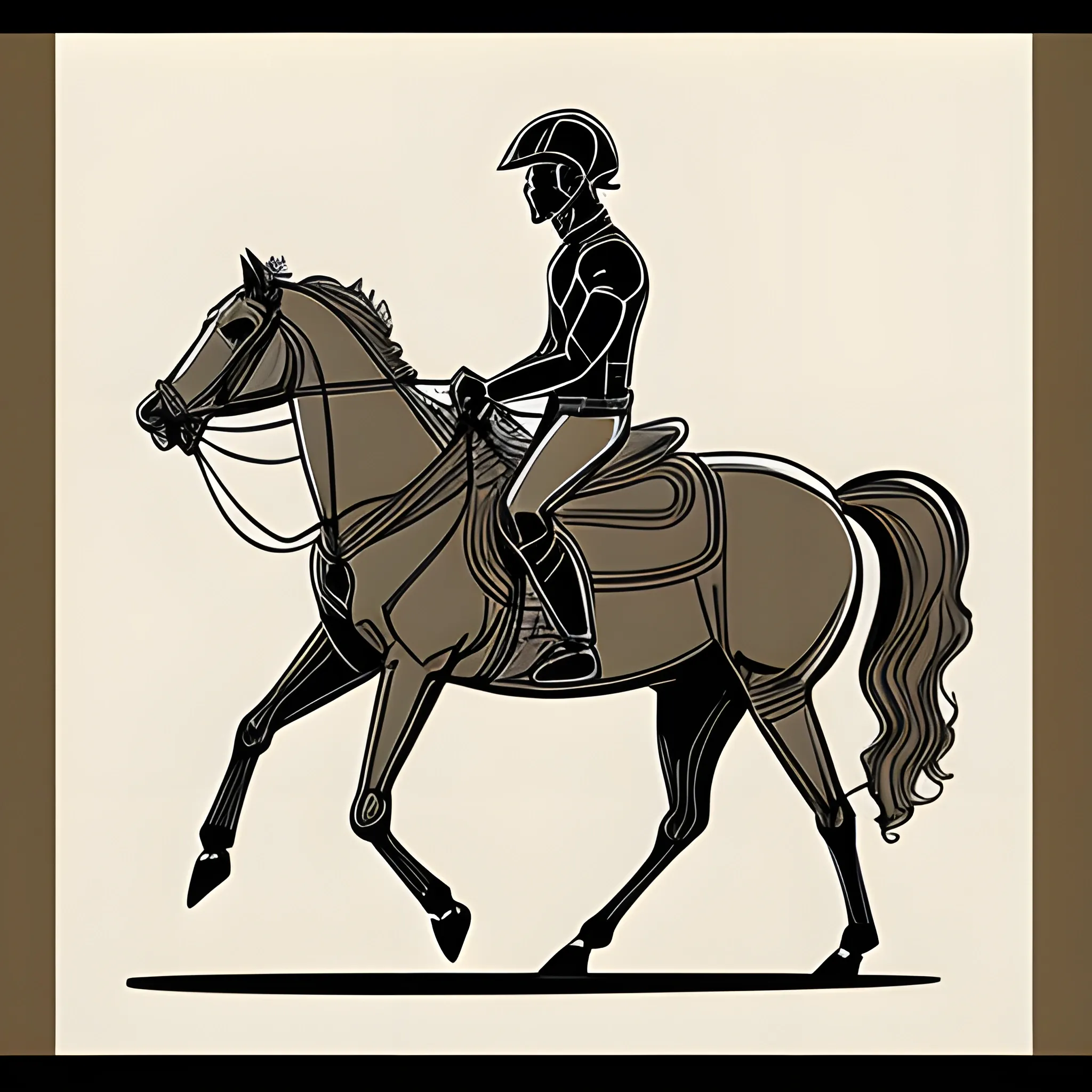 2D Outline drawing of man with helmet riding a horse from the side
