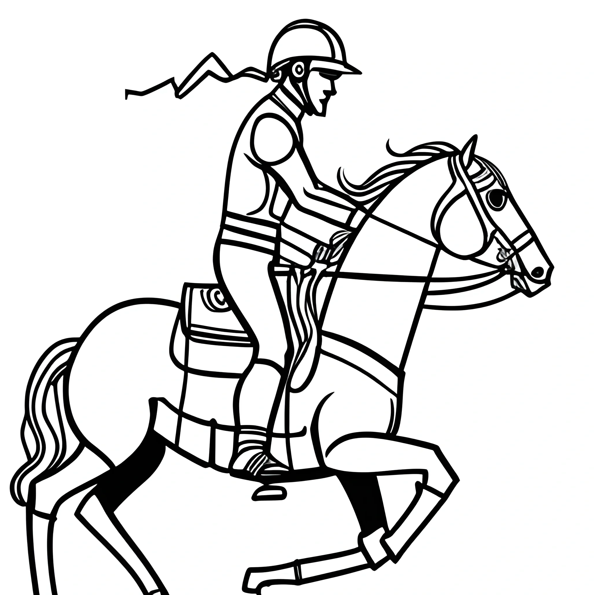 2D Outline drawing of man with helmet riding a horse from the side
