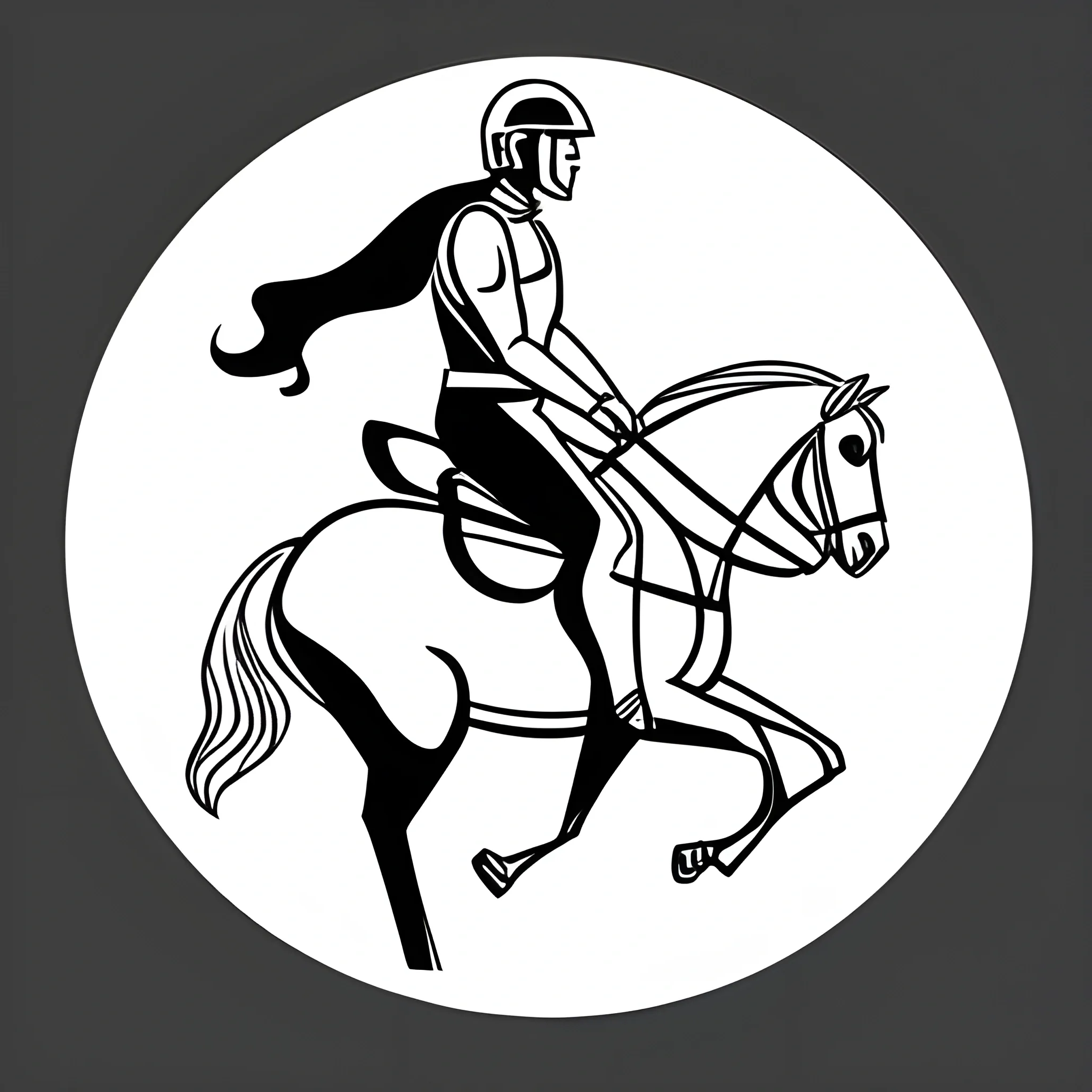 2D Outline drawing of man with helmet riding a horse from the side
