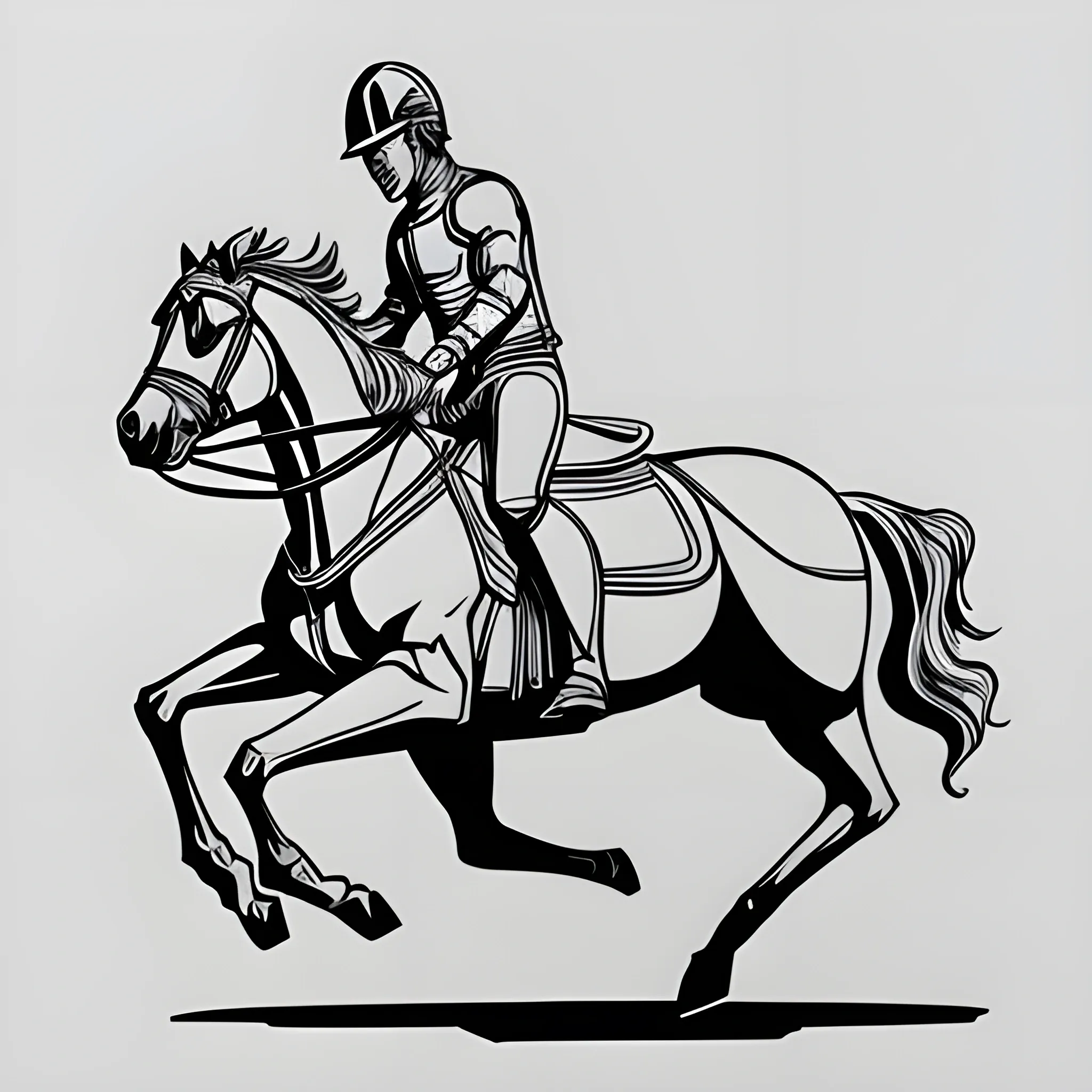 2D Outline drawing of man with helmet riding a horse from the side
