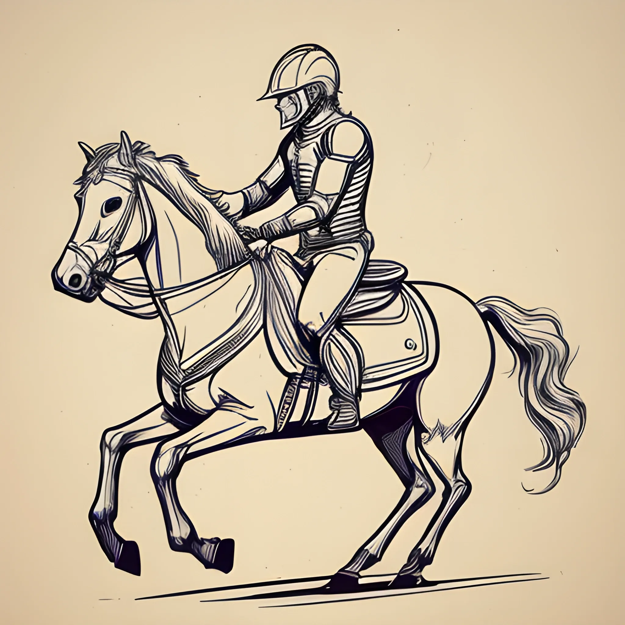 2D Outline drawing of man with helmet riding a horse from the side
