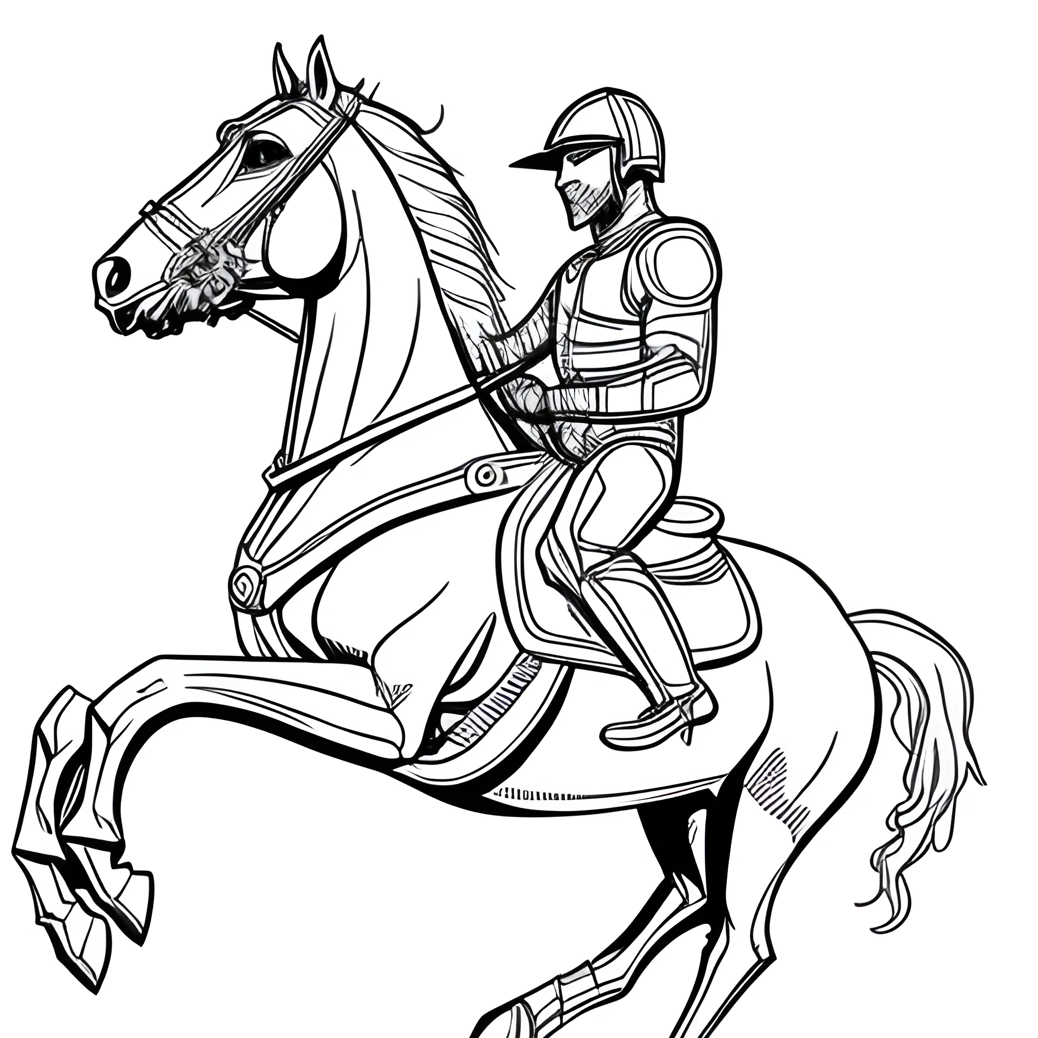 2D Outline drawing of man with helmet riding a horse from the side with few details
