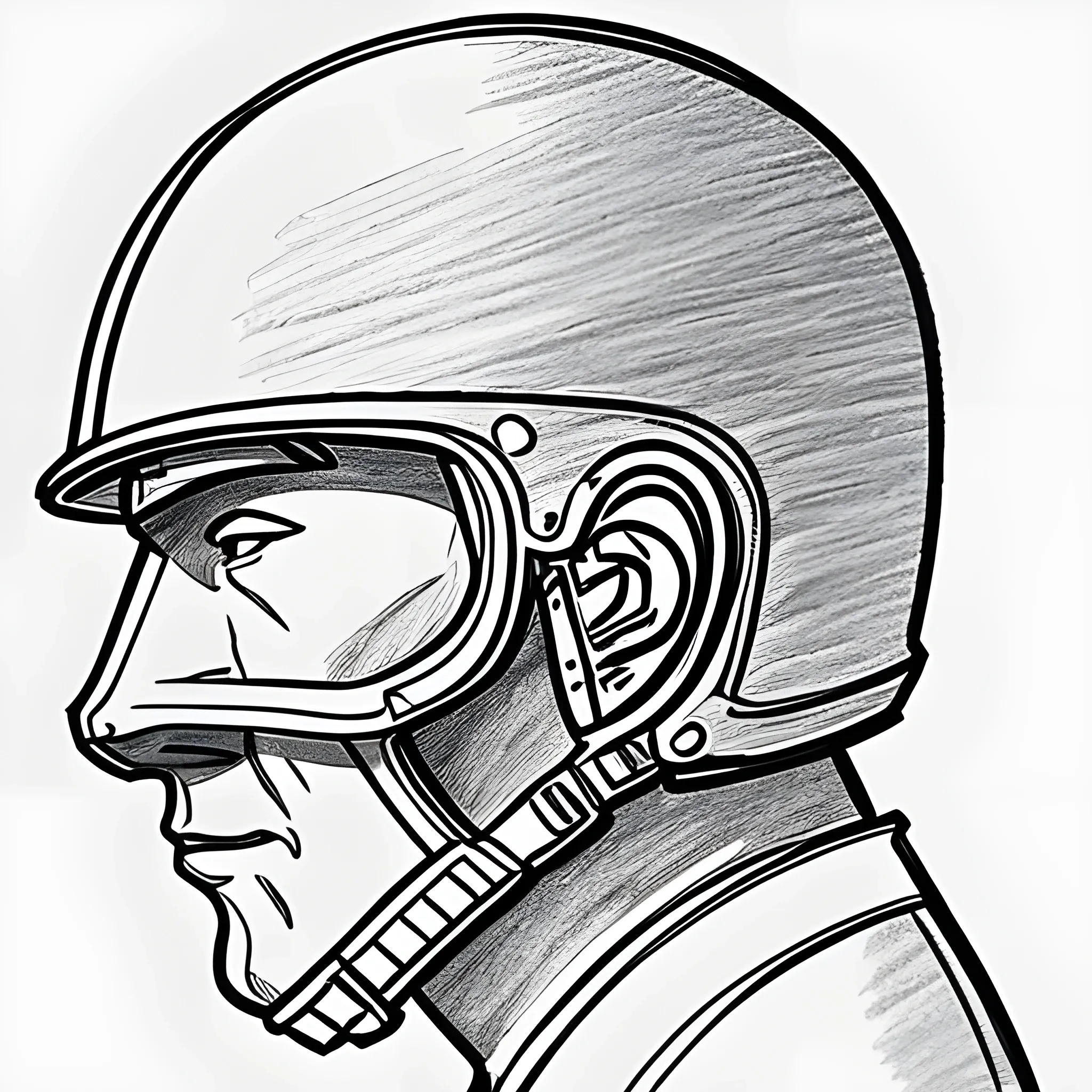 Drawing with only outlines of man with helmet riding a horse from the side
