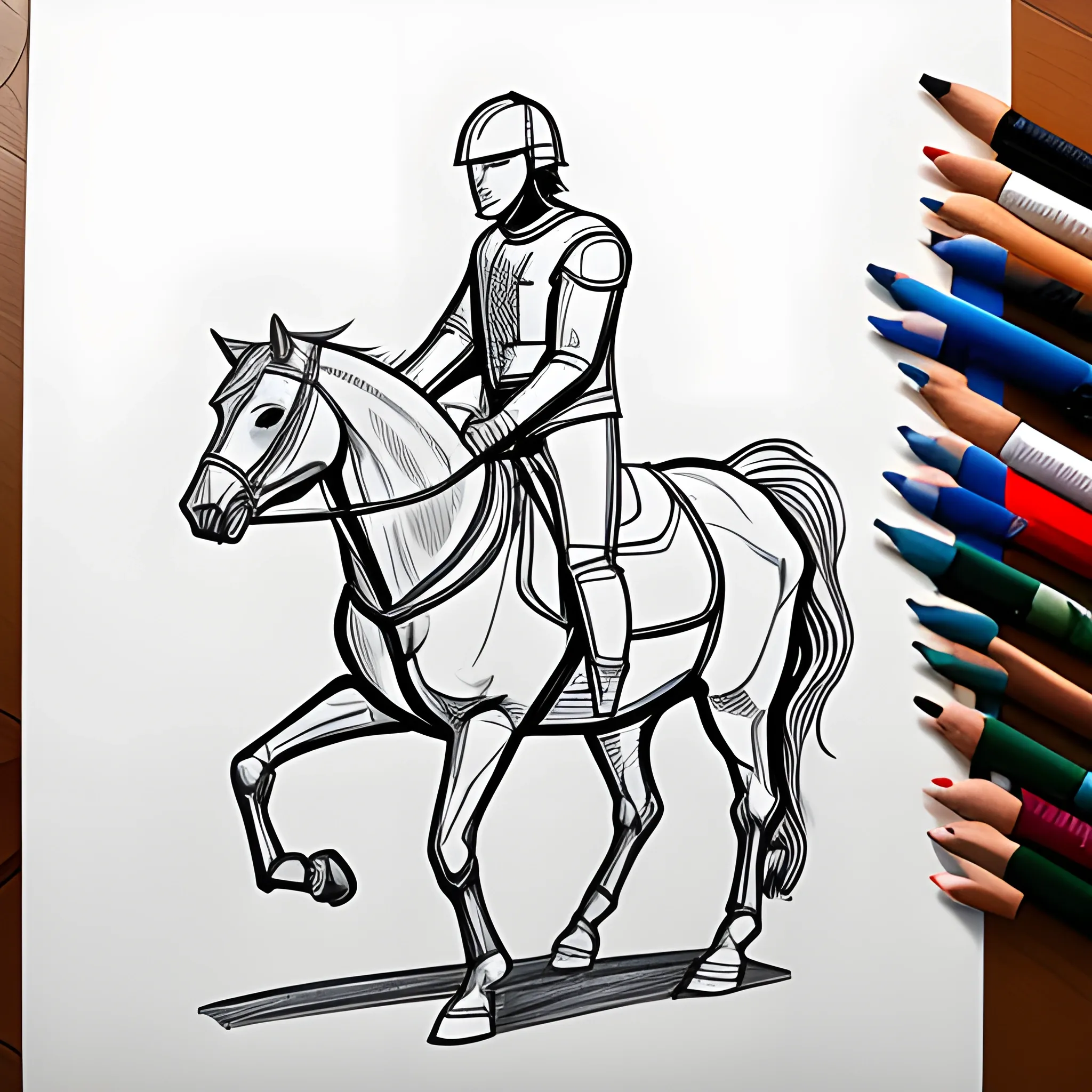 Drawing with only outlines of man with helmet riding a horse from the side
