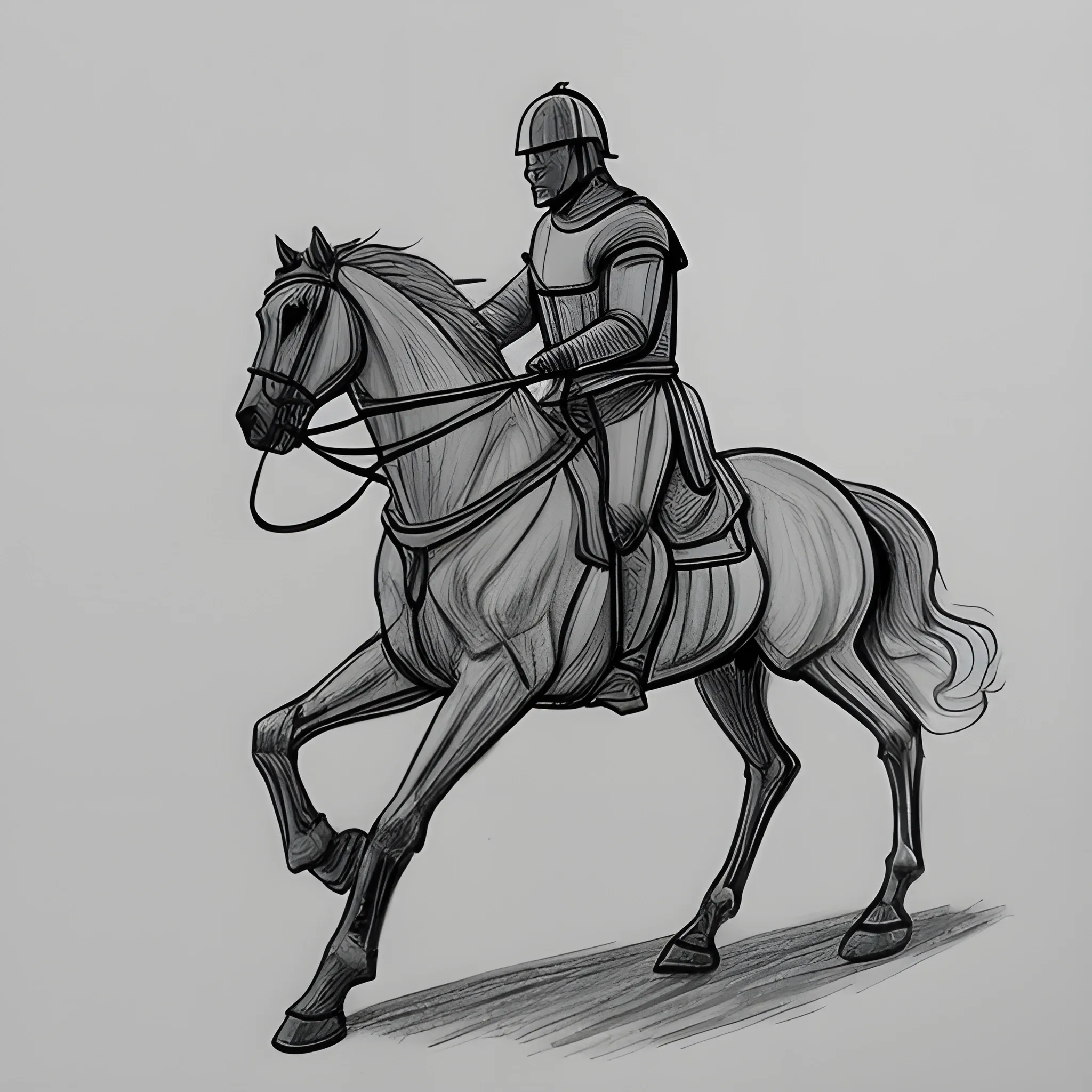 Drawing with only outlines of man with helmet riding a horse from the side
