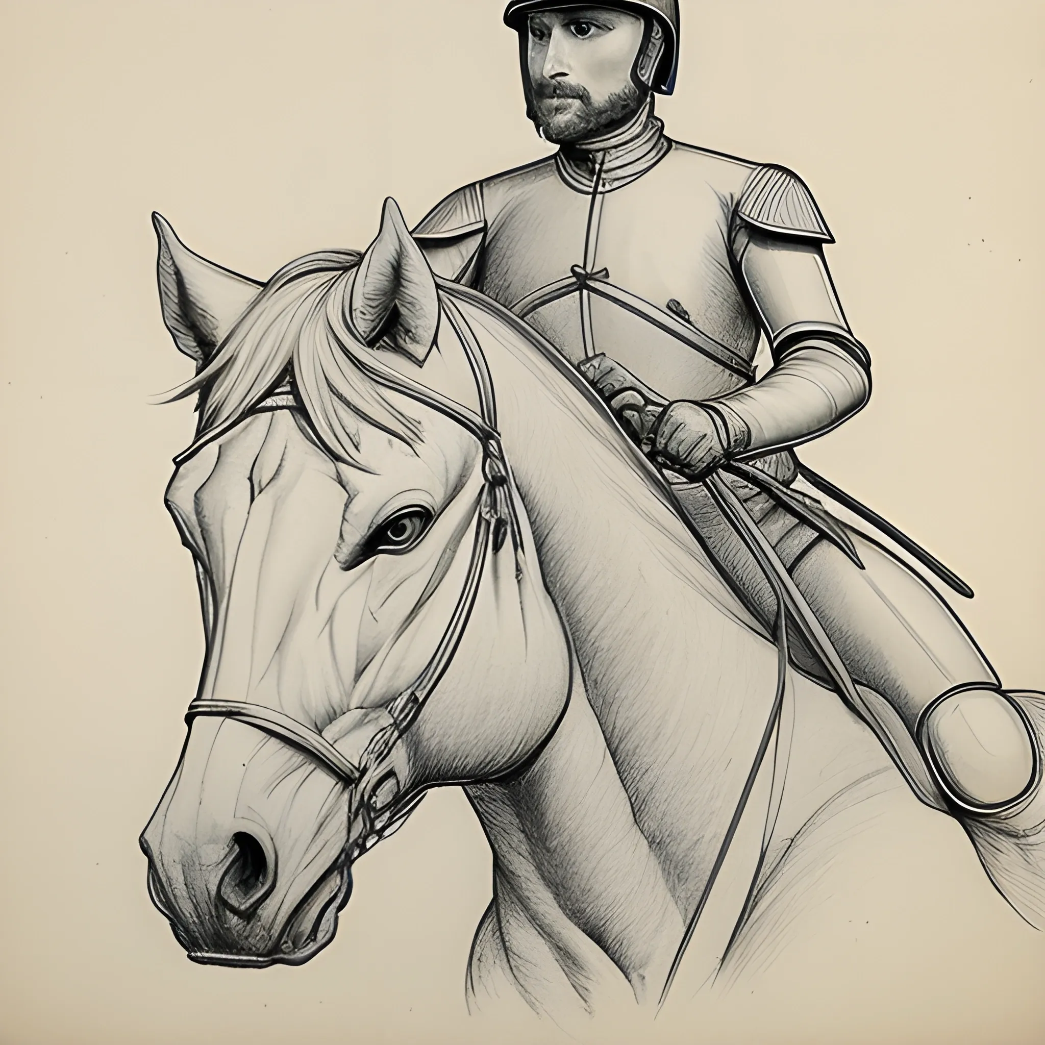 outlines of man with helmet riding a horse from the side, drawing