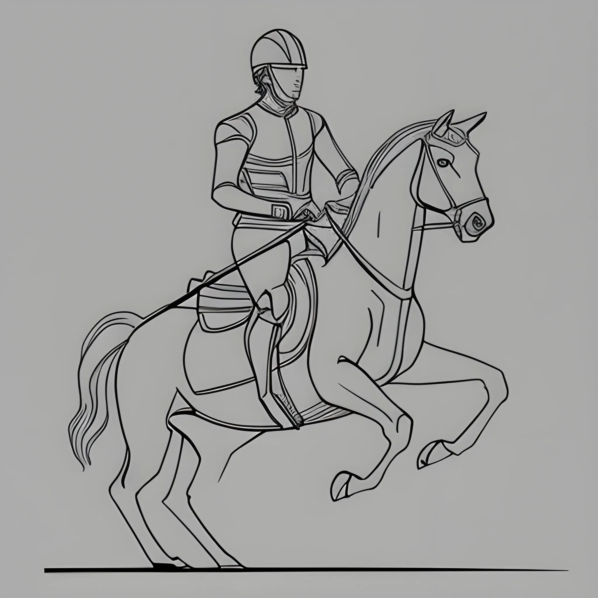 2D Outline drawing of man with helmet riding a horse from the side
