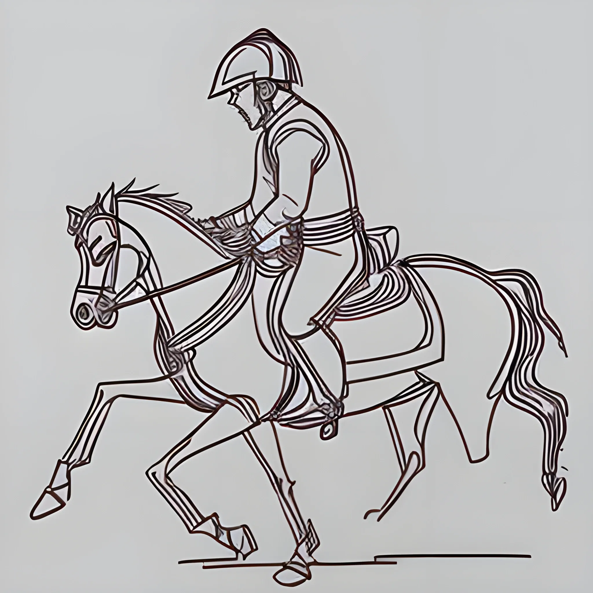 2D Outline drawing of man with helmet riding a horse from the side
