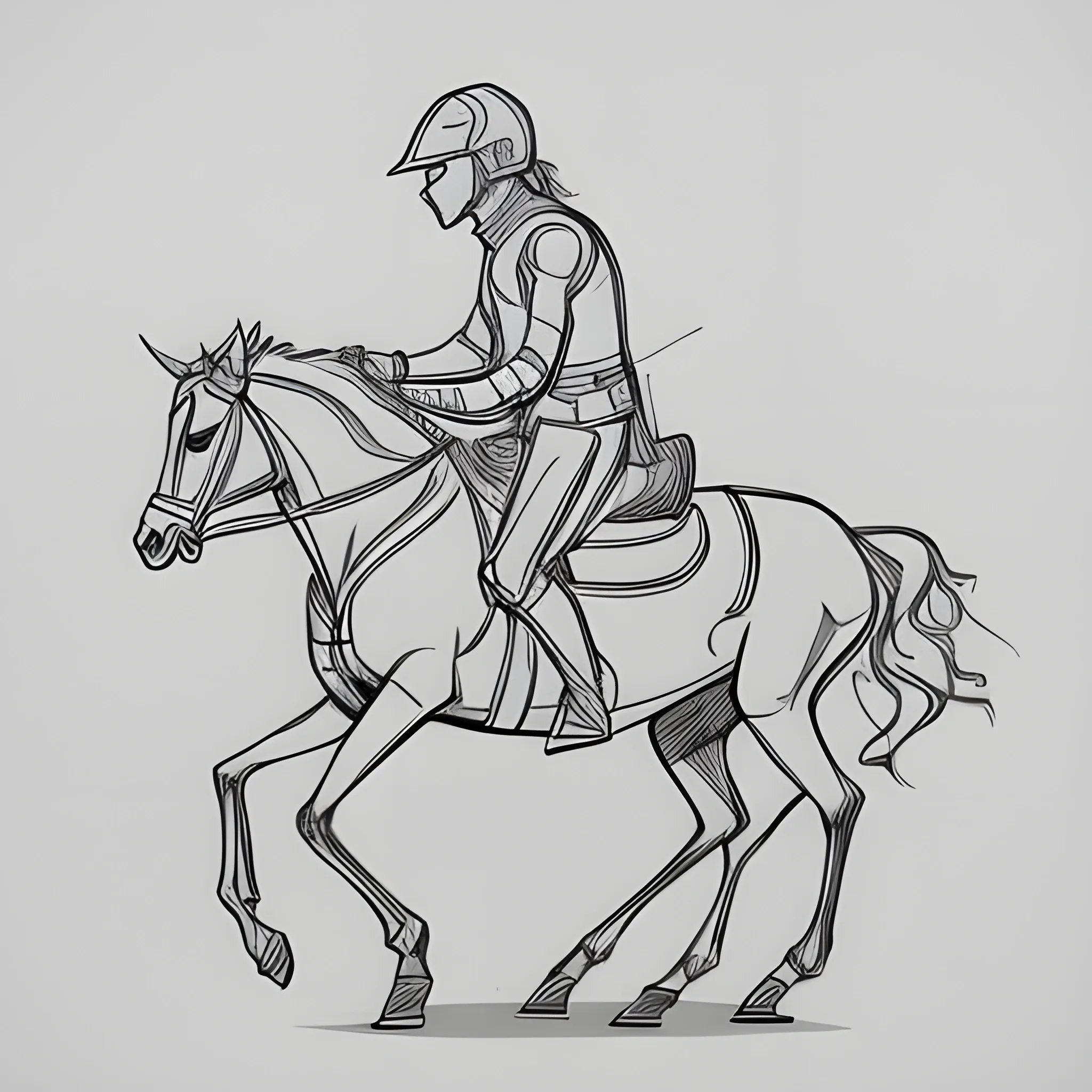 2D Outline drawing of man with helmet riding a horse from the side
