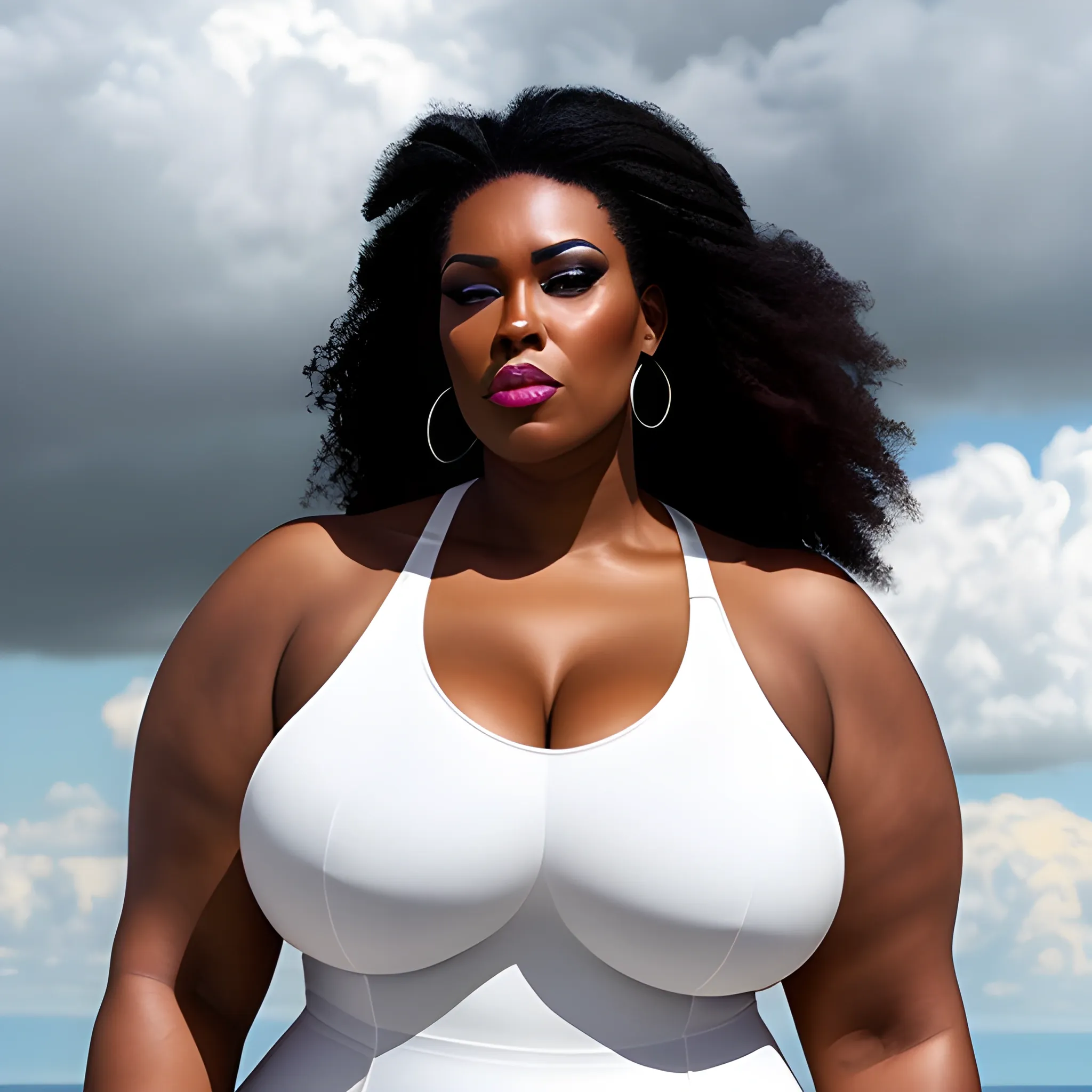 extremly tall, huge, massive plus size and muscular beautiful black girl in plain tight white dress, with very broad shoulders, long neck, small narrow head with long chin standing out, towerring under the clouds and looking down to us