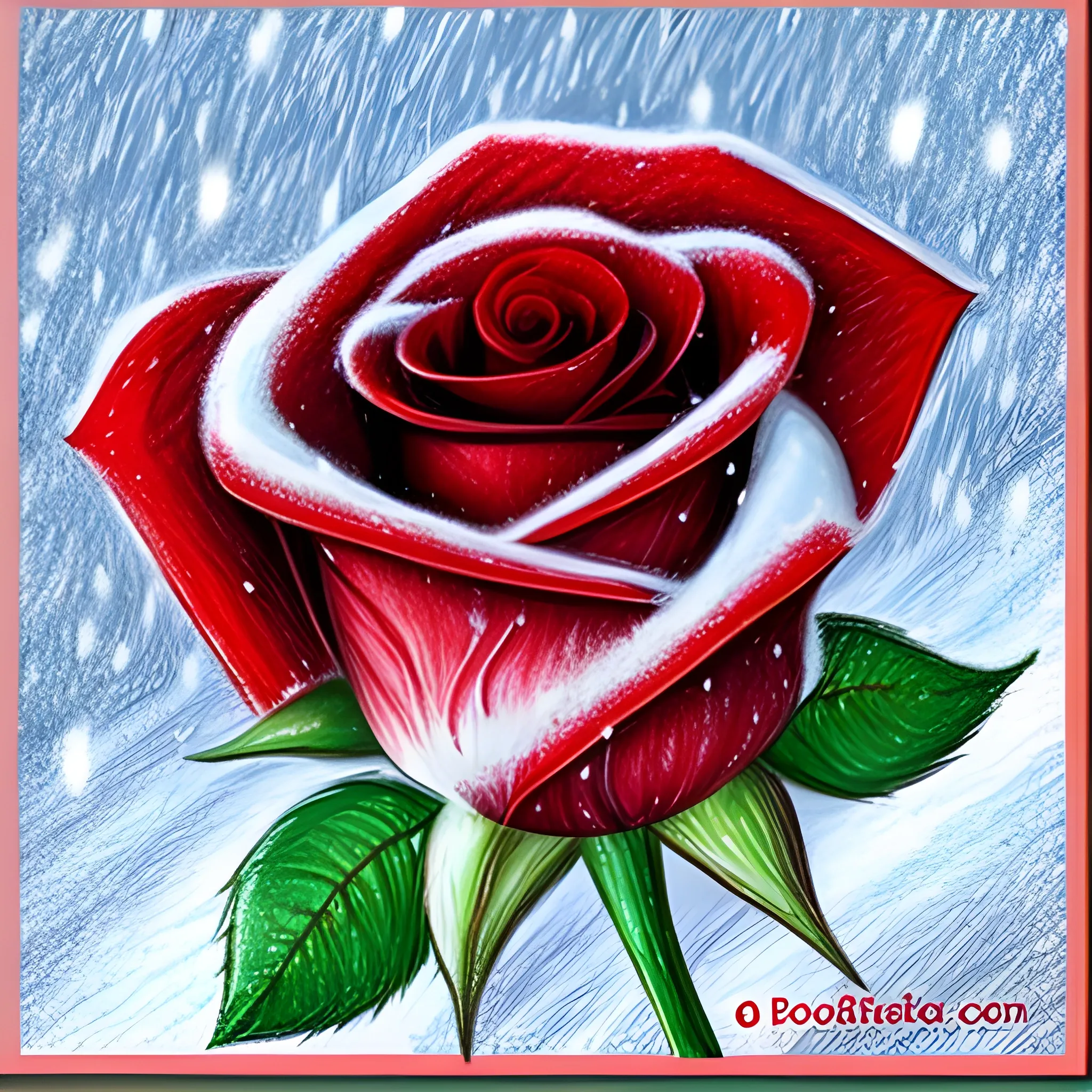 Draw a picture of a red rose in the snow with colored pencils