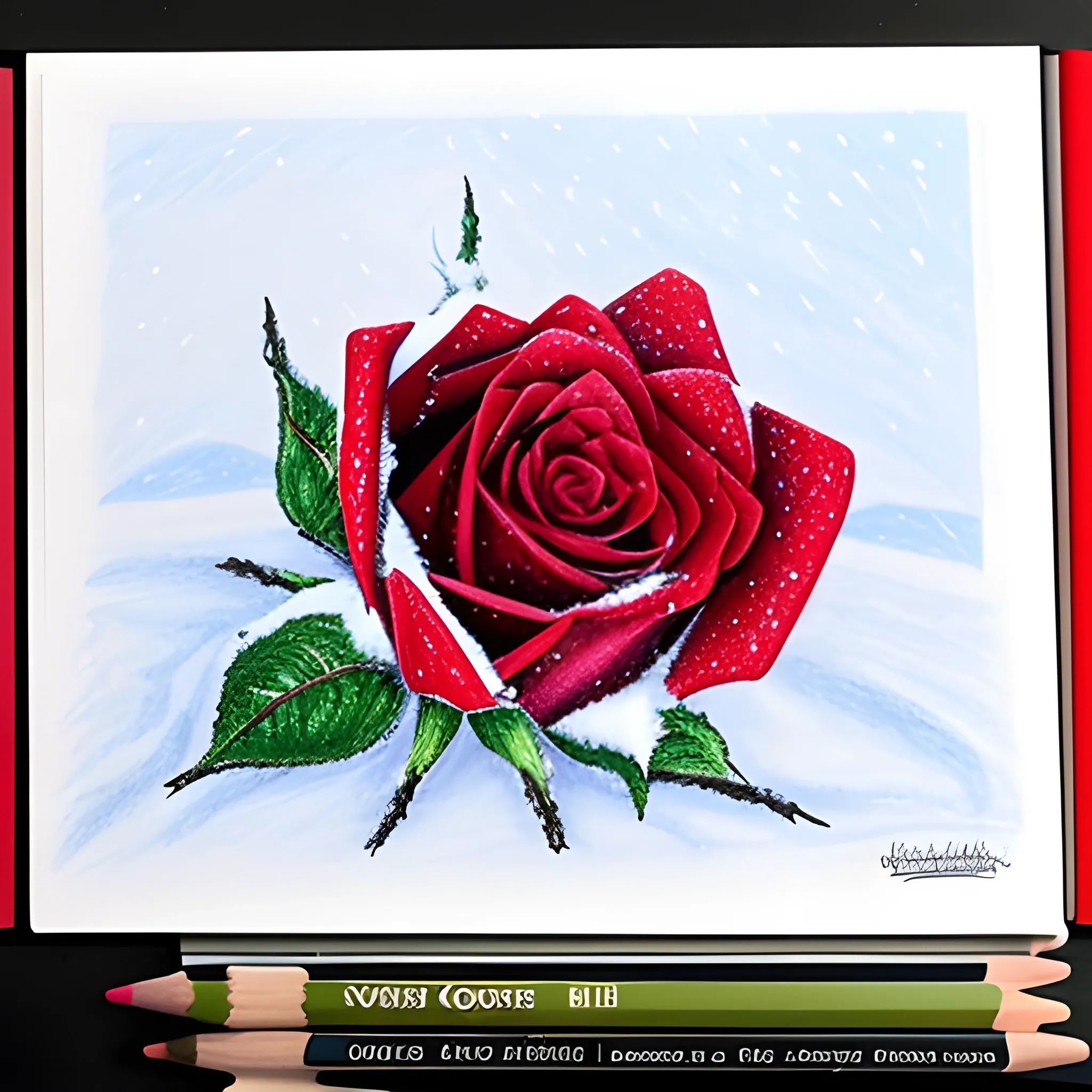 Draw a picture of a red rose in the snow with colored pencils