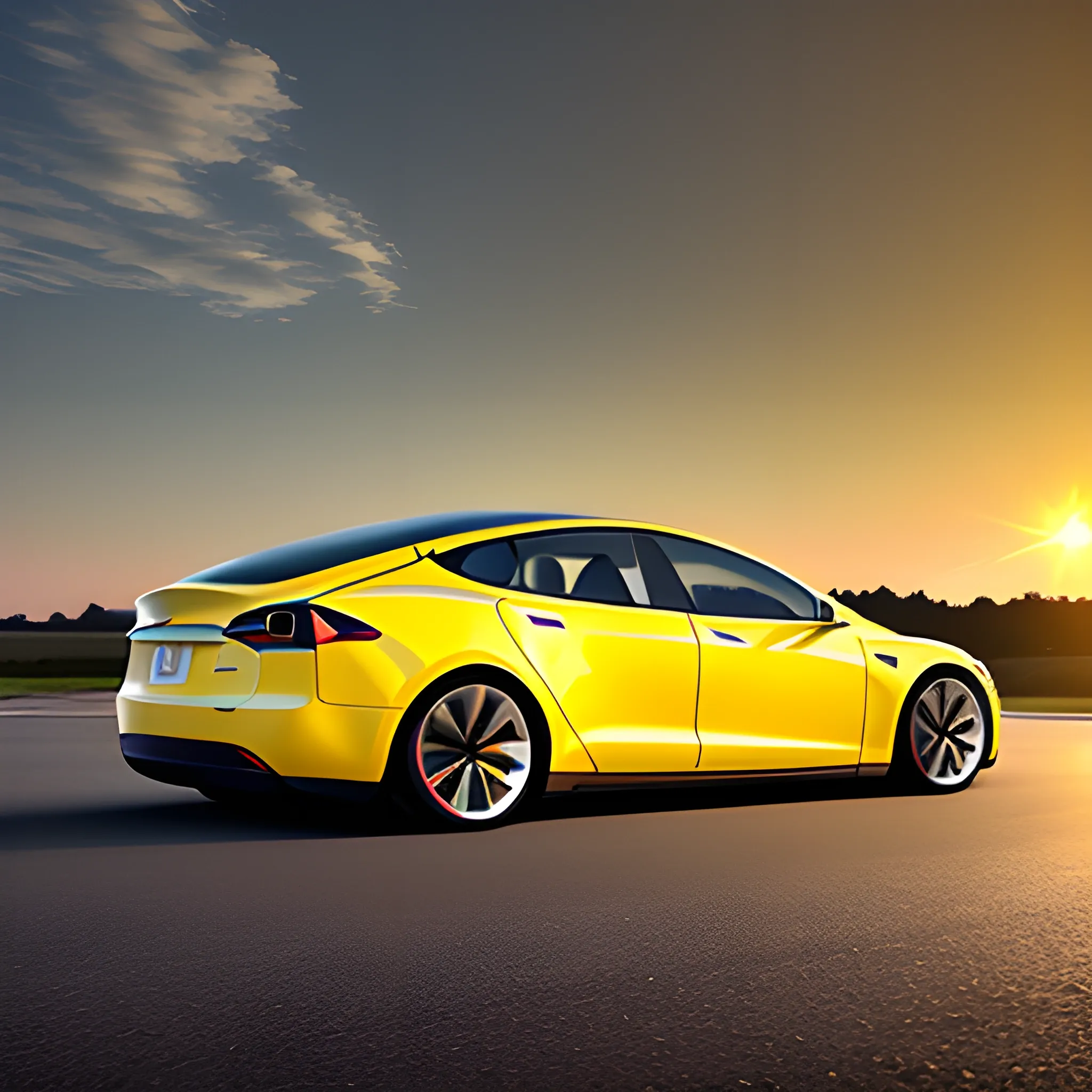 yellow tesla S on road side view, low angle, rear view, at sunset, 3D