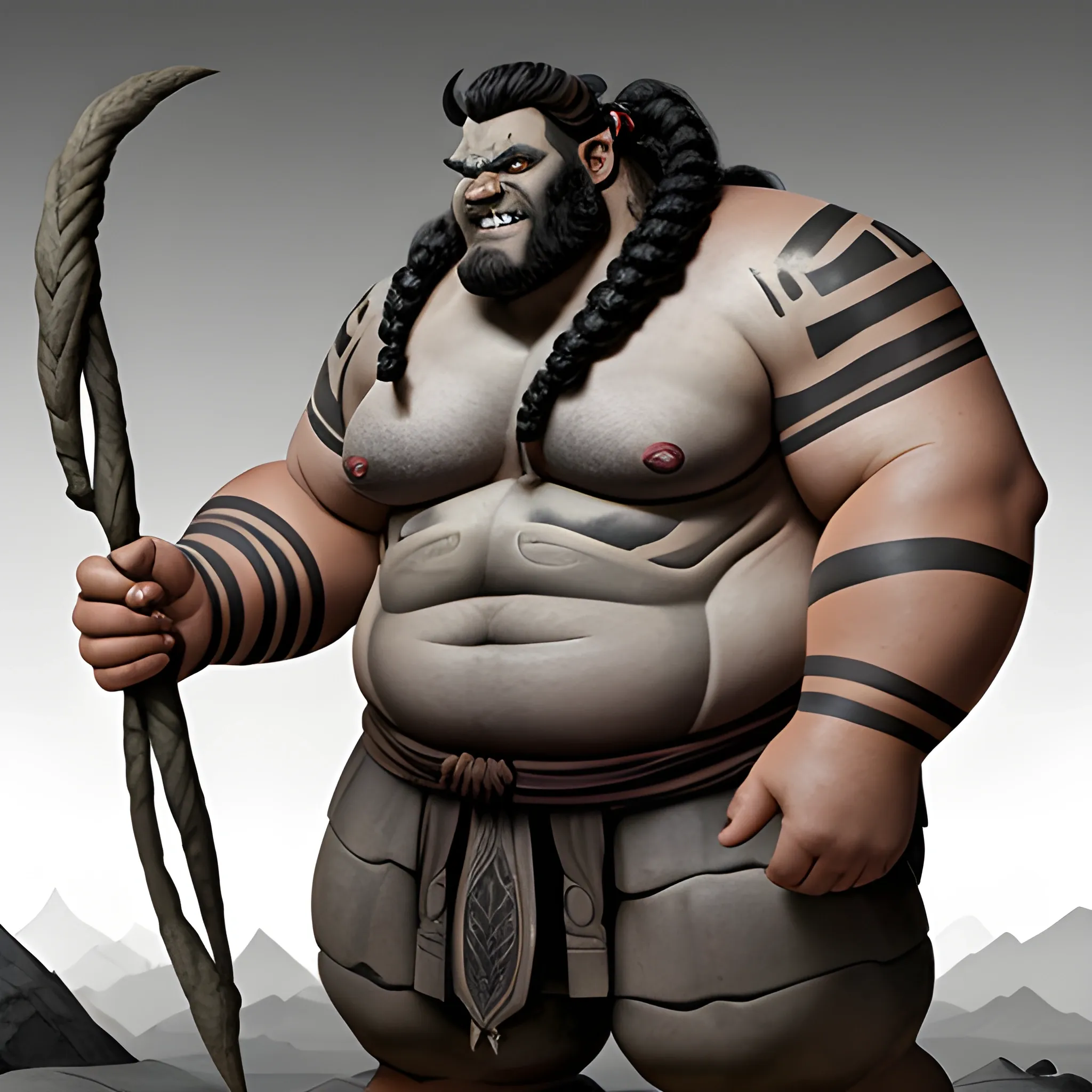 an male orge like horned demi-giant with ashen skin and black braided hair