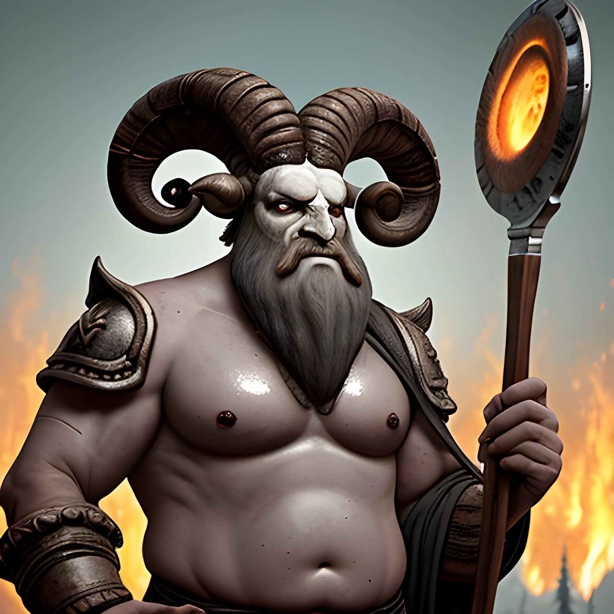 A ram horned headed giant with ashen skin and a frying pan
