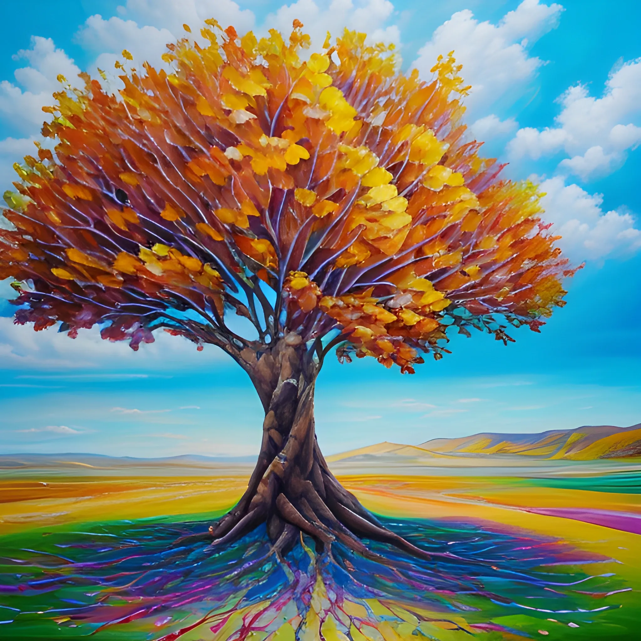 una pintura en oleo, en el paisaje se encuentra una mujer con vestido marron, un arbol de colores detras de ella, toda la imagen es colorida, muchos colores por todas partes en el cielo, tambien se ven figuras geometricas y en la parte superior con letras que van con el diseño dice la palabra "Tu Libertad"
, Oil Painting, Trippy