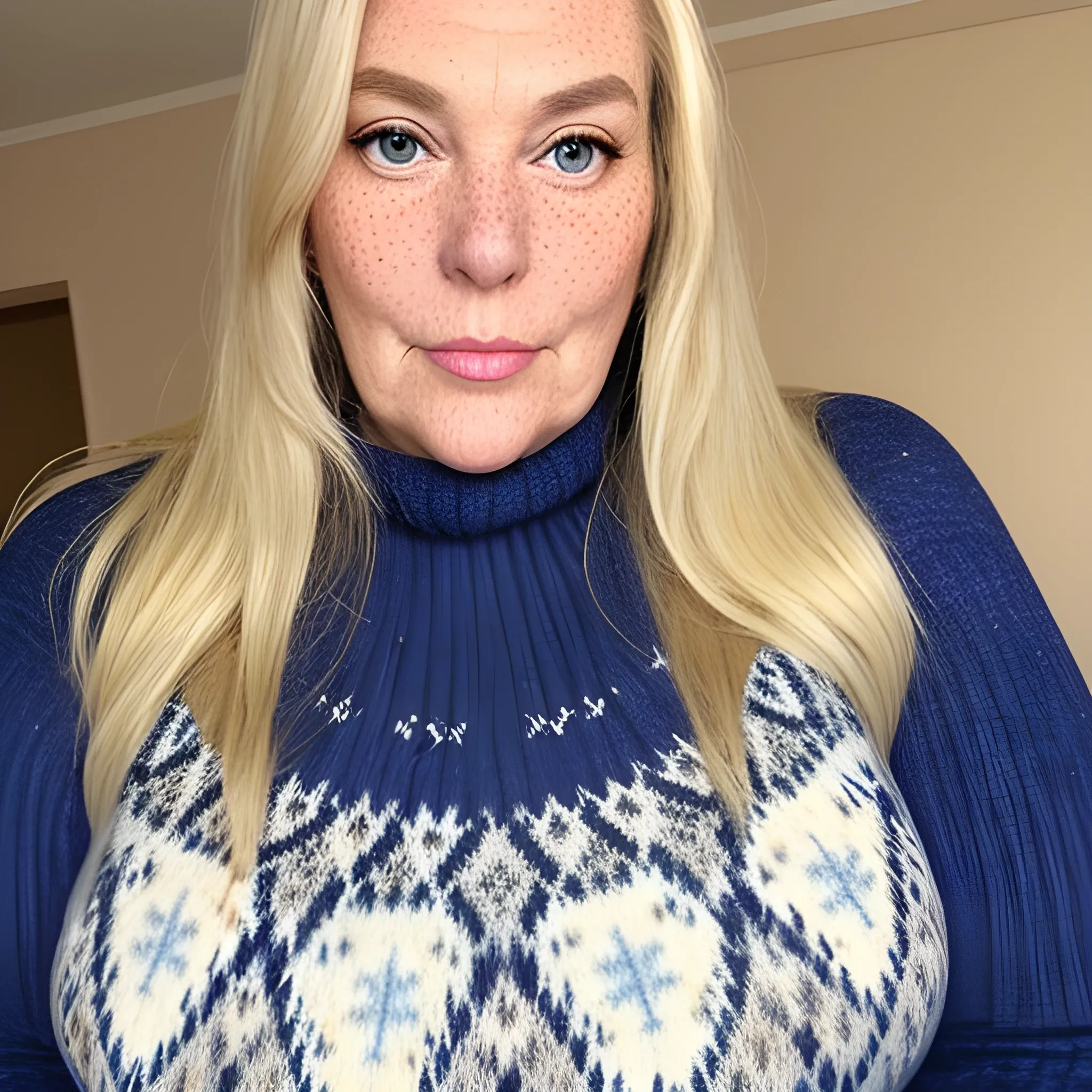 Tall beautiful plus-sized, ample, buxom, early middle-aged American Woman, long straight blonde hair, full lips, full face, freckles, blue patterned sweater, looking down at the camera, up close pov, detailed 