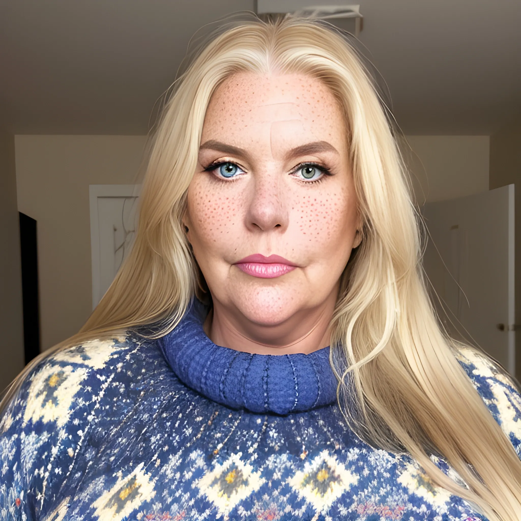 Tall beautiful plus-sized, ample, buxom, early middle-aged American Woman, long straight blonde hair, full lips, full face, freckles, blue patterned sweater, looking down at the camera, up close pov, detailed 