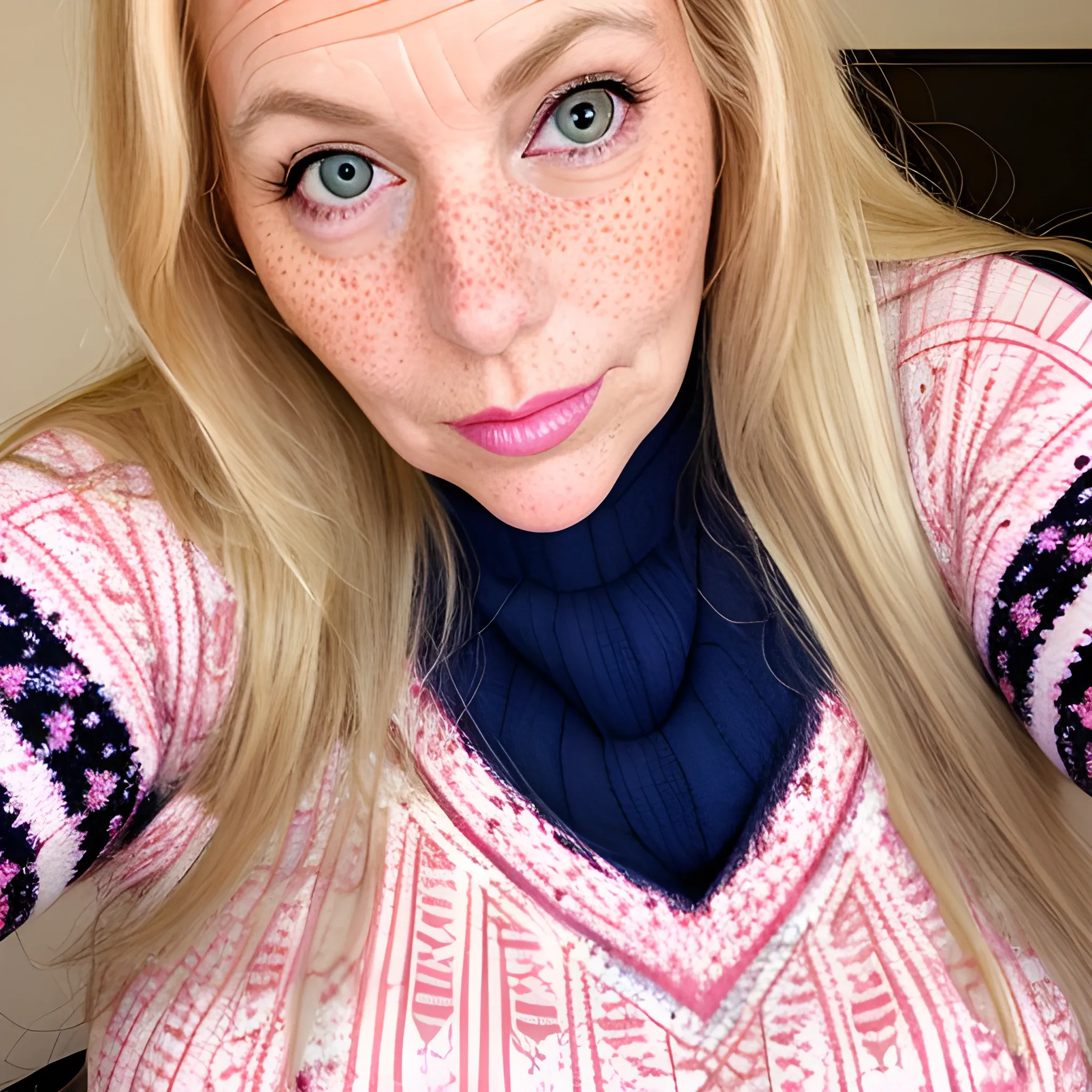 Tall beautiful plus-sized, ample, buxom, early middle-aged American Woman, long straight blonde hair, full lips, full face, freckles, pink patterned sweater, looking down at the camera, up close pov, detailed 