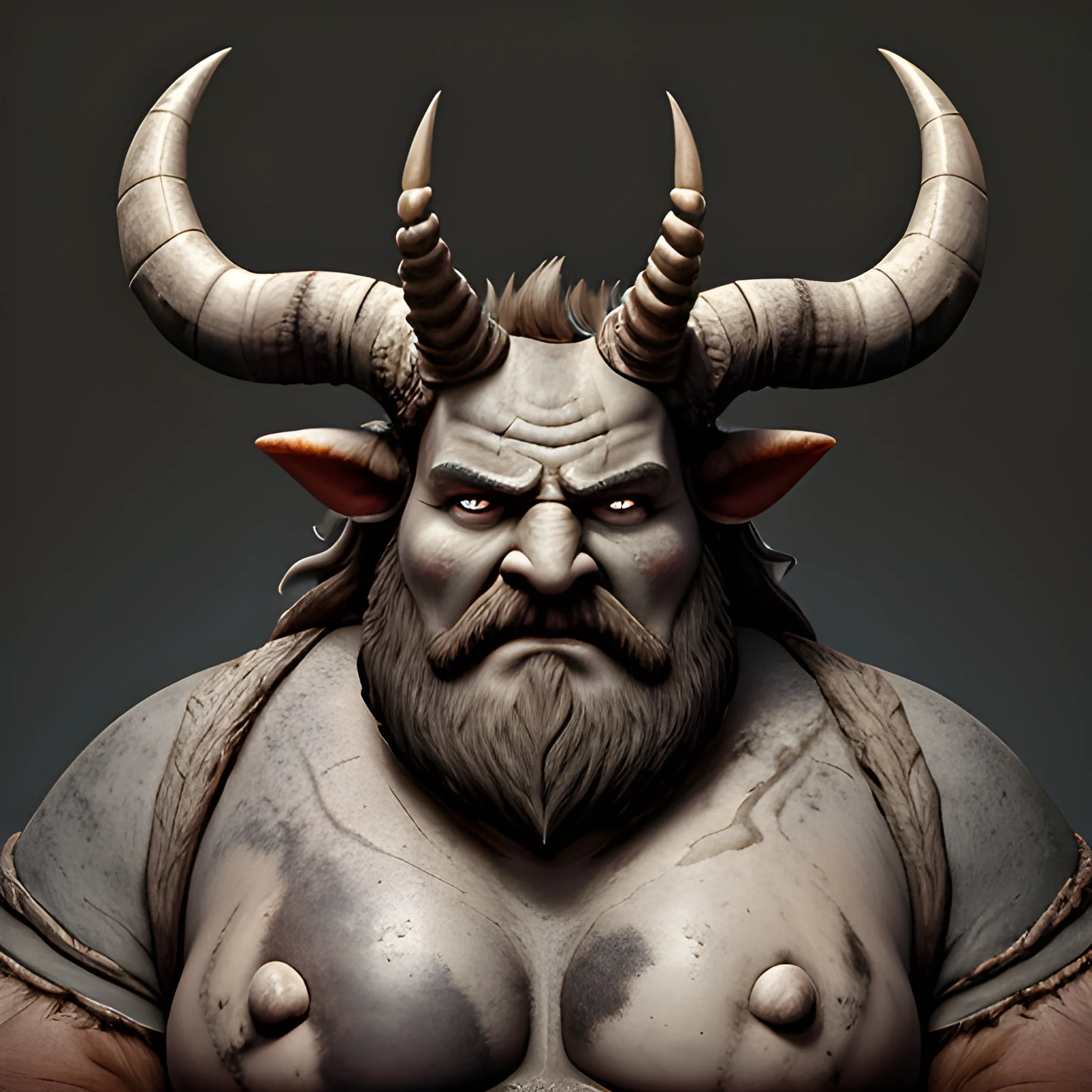 A horned giant with ashen skin and a frying pan
