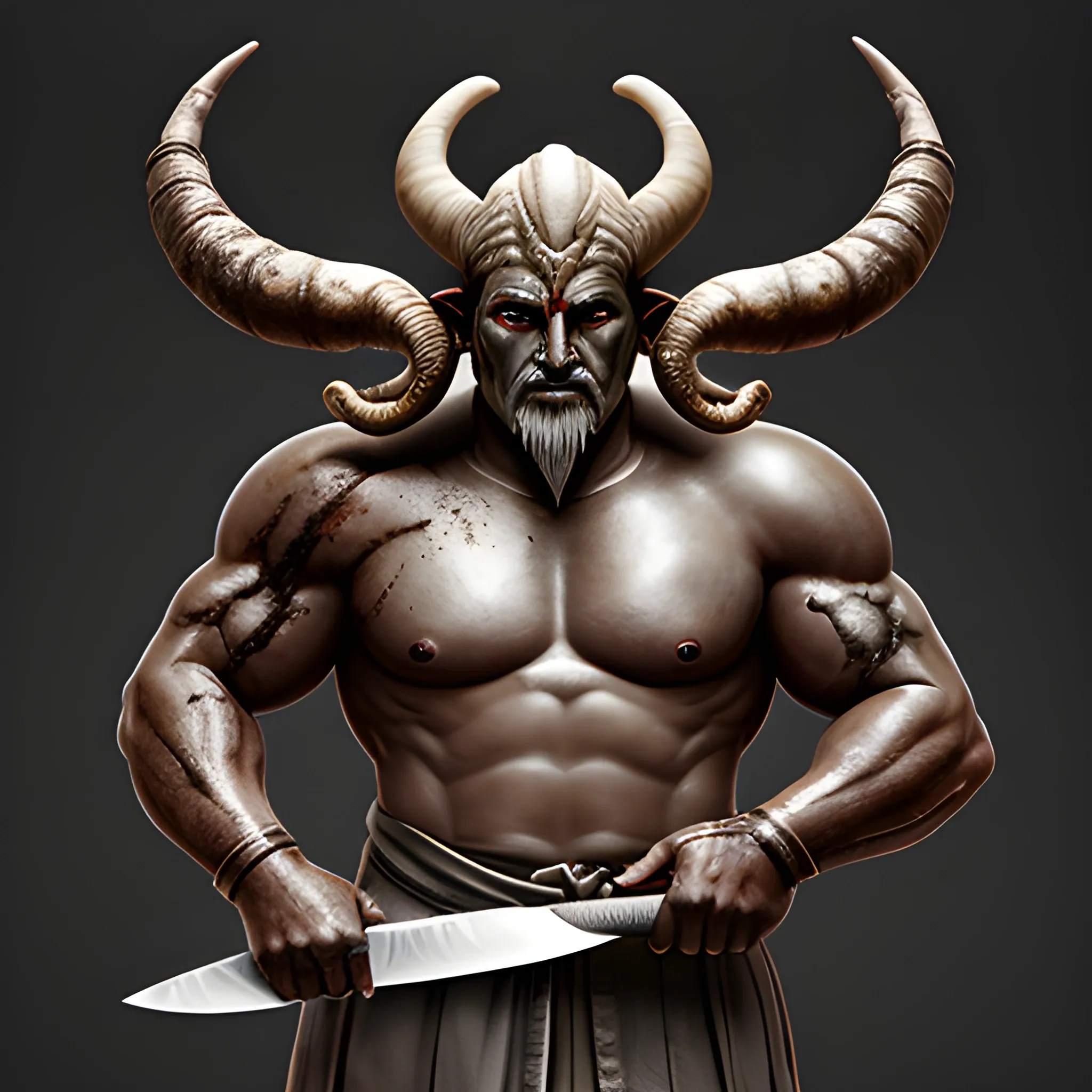 An ashen skinned demi-god with ram horns holding a chef knife
