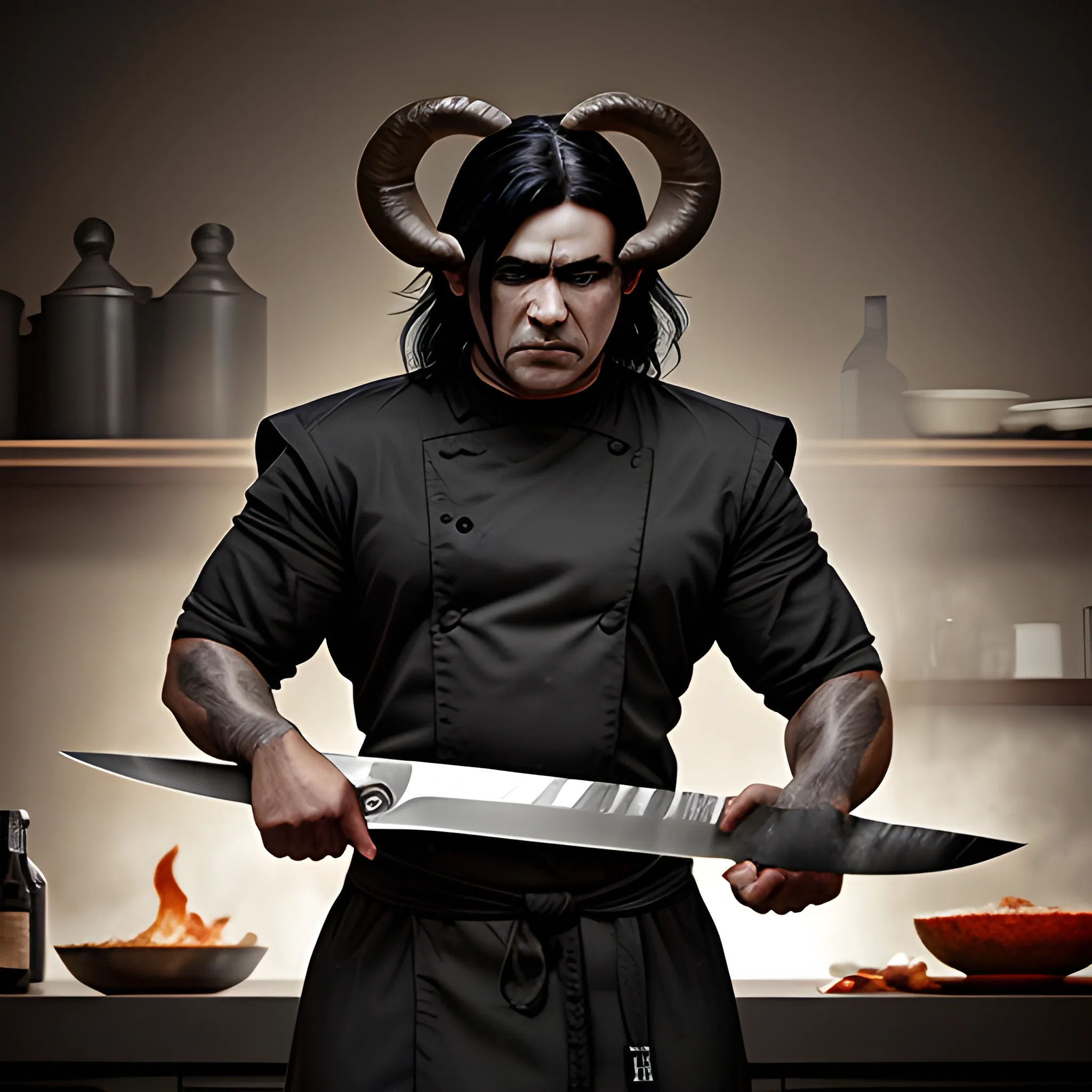 An ashen skinned demi-god with ram horns and jet black hair holding a chef knife
